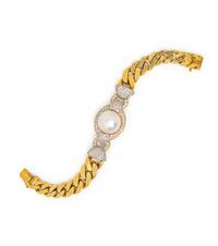 An 18 Karat Yellow Gold, Cultured Pearl and Diamond Bracelet,