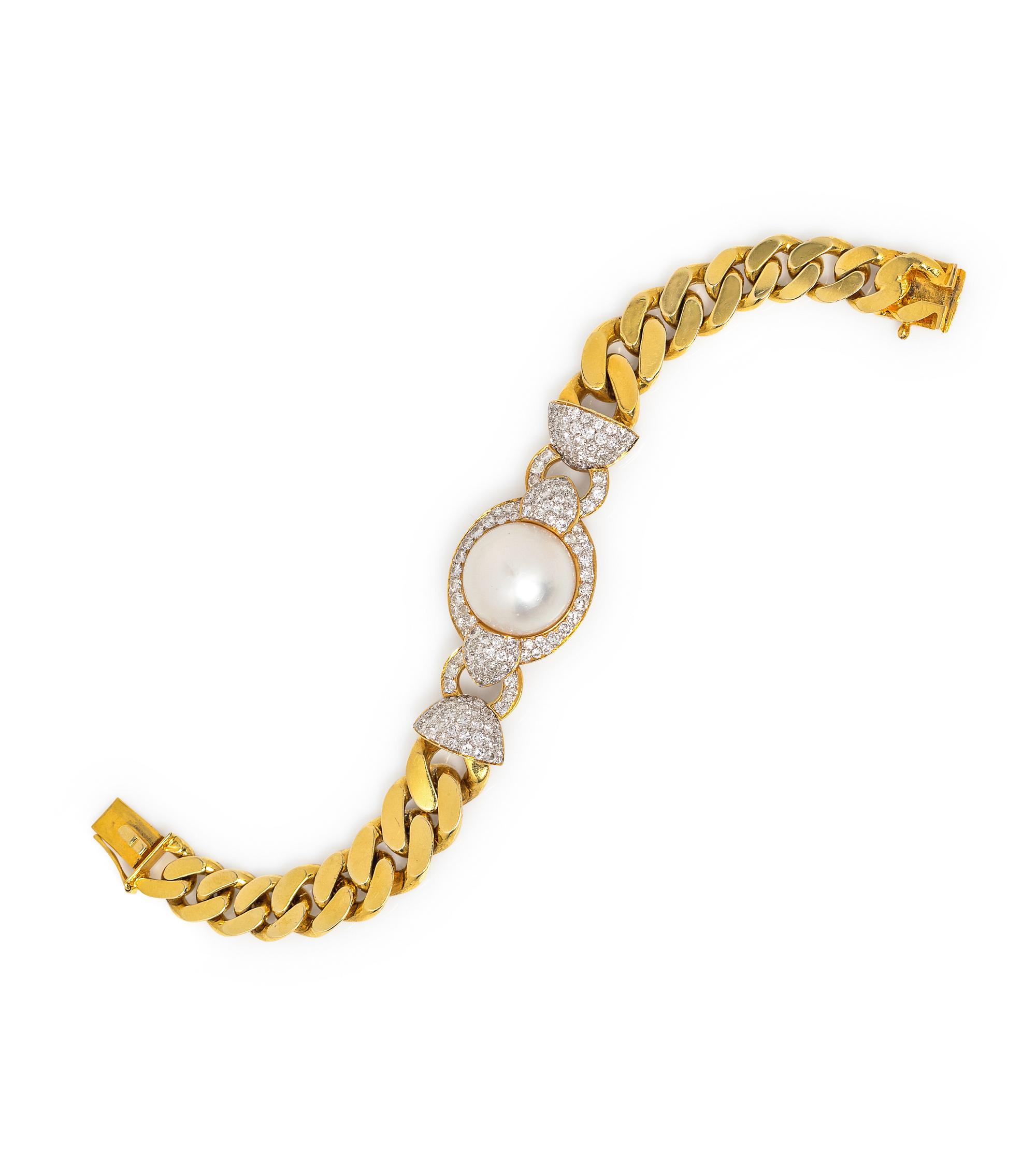 An 18 Karat Yellow Gold, Cultured Pearl and Diamond Bracelet,