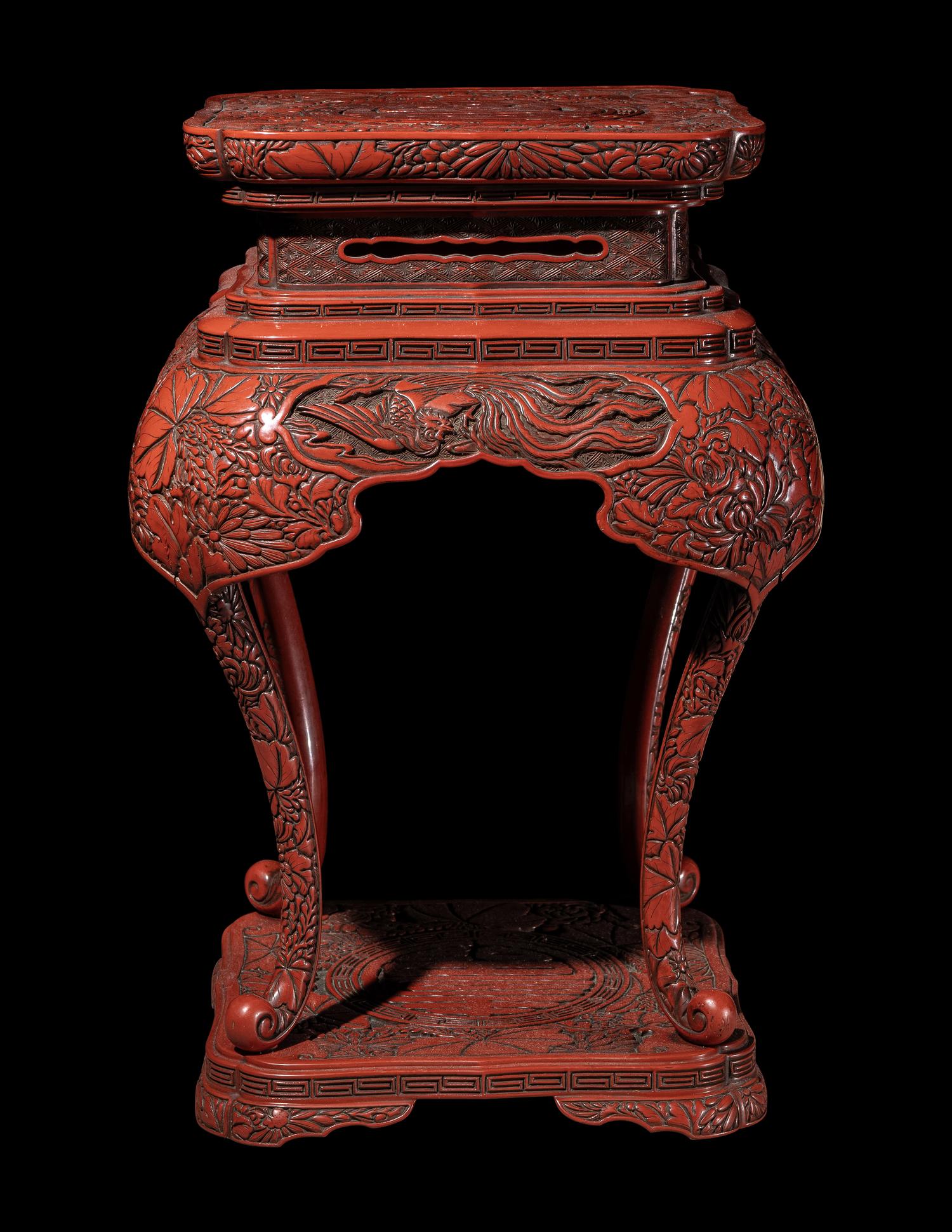 A Small Japanese Carved Red Lacquer Square Stand
