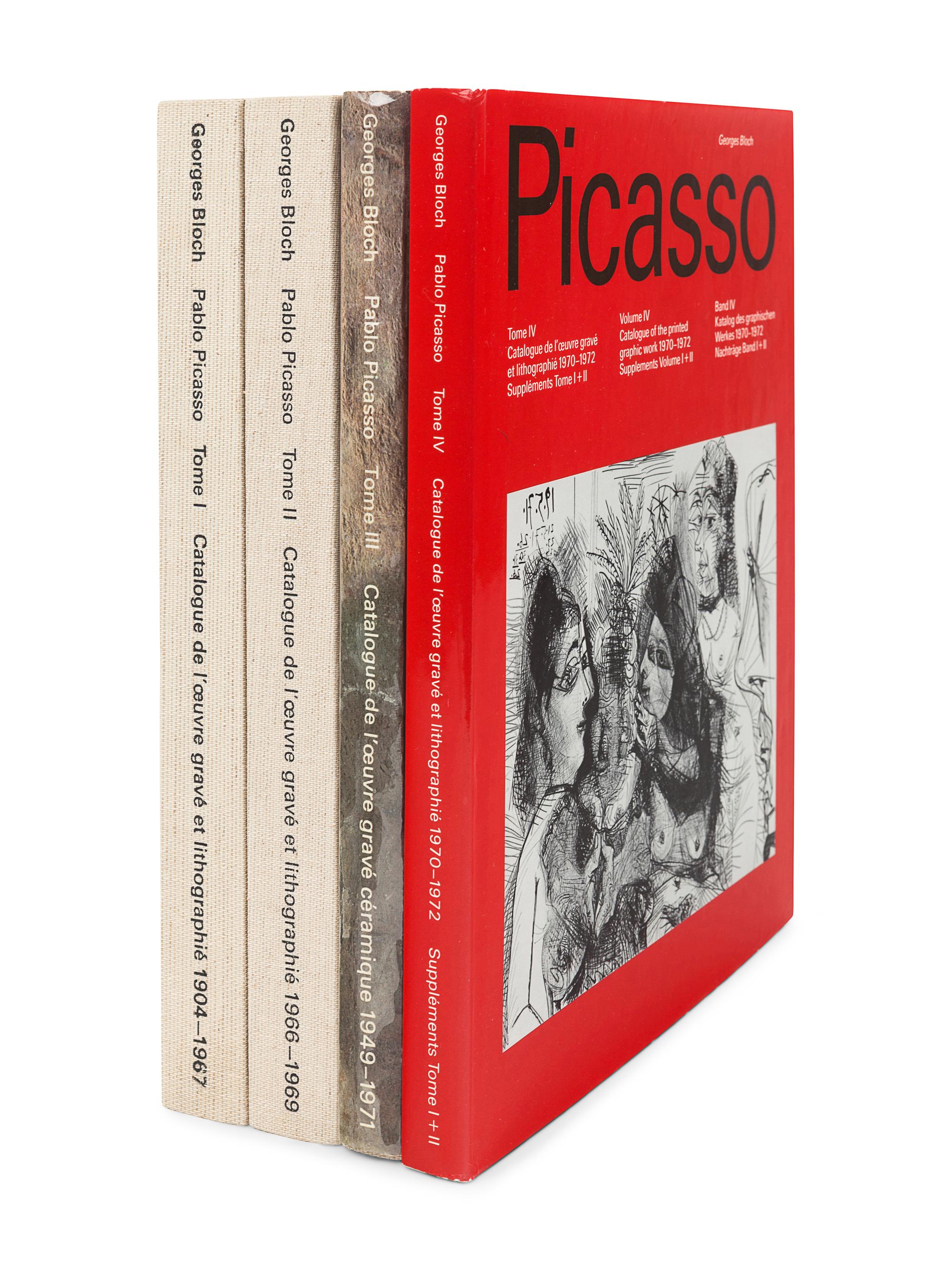 PICASSO, Pablo (1881-1973). -- BLOCH, Georges. Pablo Picasso. Vol.I: Catalogue of the Printed Graphic Work 1904-1967 ; Vol.II: Catalogue of the Printed Graphic Work 1966-1969 ; Vol.III: Catalogue of the printed ceramics 1949-1971 ; vol.IV: Catalogue of the Printed Graphic Work 1970-1972. Berne: Editions Kornfeld et Klipstein, vol.I-II 1971; vol.III 1972; vol.IV 1979.
