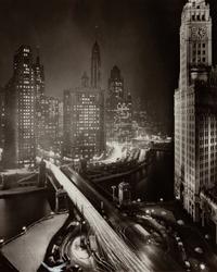A group of four photographs depicting Chicago ( Rush Street, Chicago's Night Club District , c. 1950; Wrigley Building at Night, Michigan Ave. Bridge , c. 1950; Chicago , c. 1935; State Street and Marshall Field Clock , c. 1950)