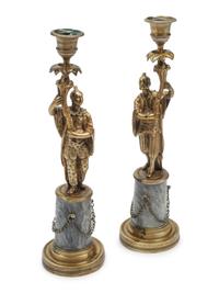 A Pair of French Bronze Figural Candlesticks on Marble Bases