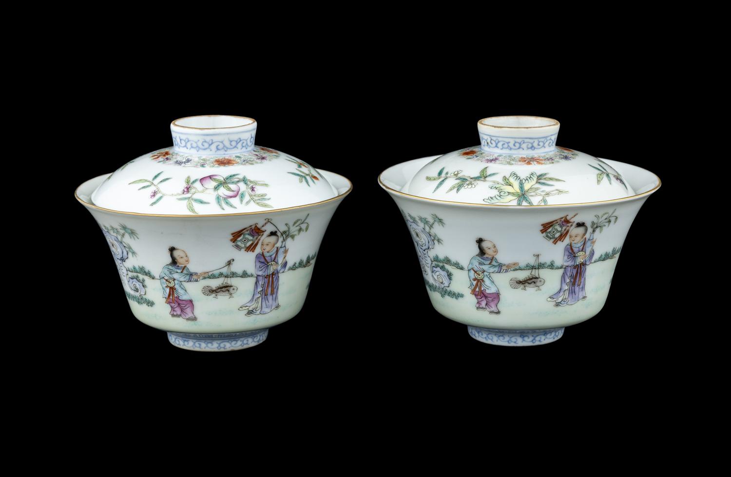 A Pair of Chinese Famille Rose Porcelain Covered Tea Bowls and Undertrays