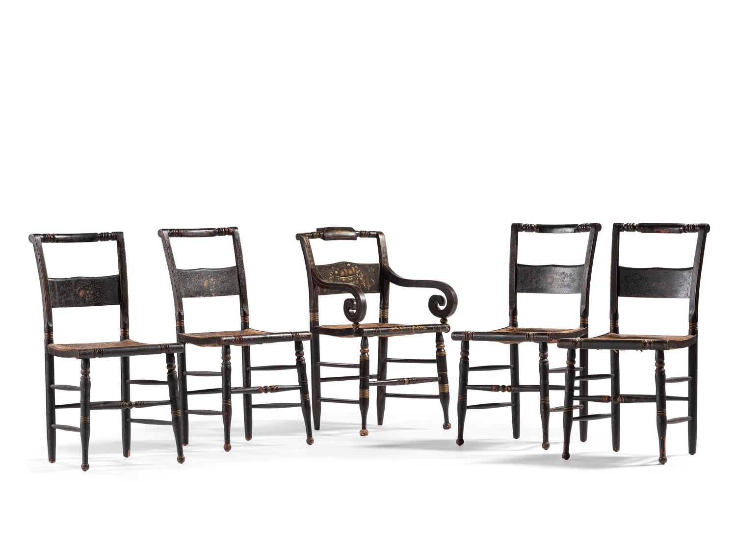 A Matched Set of Five Classical Black Painted and Stencil Decorated Rush-Seat Hitchcock Chairs