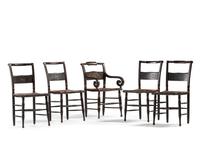 A Matched Set of Five Classical Black Painted and Stencil Decorated Rush-Seat Hitchcock Chairs