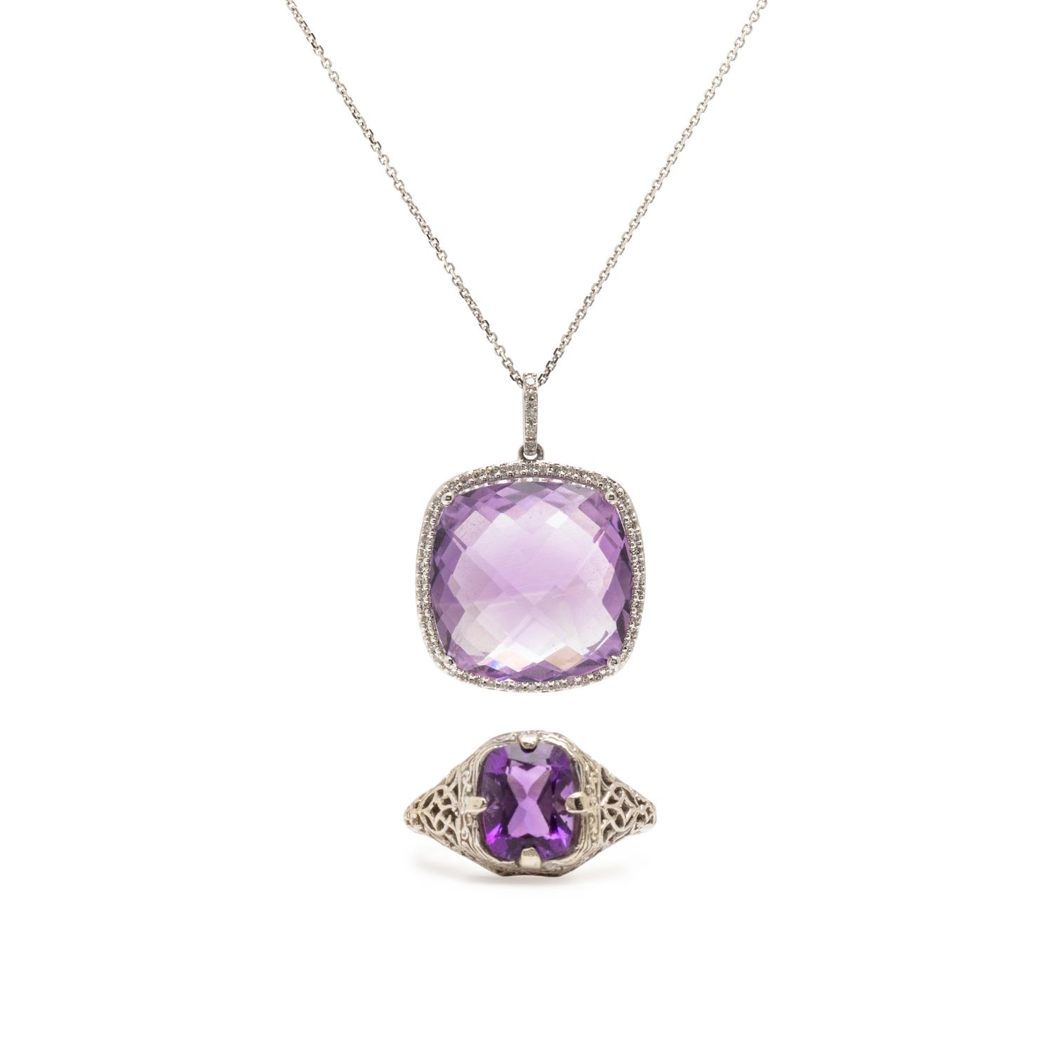 Amethyst and White Gold Pendant Necklace and Ring