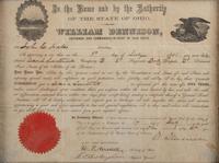 [CIVIL WAR]. Railroad pass for Benjamin Scott on his way to enlist with a "Col[ored] Reg[iment]. Columbus, OH, 10 August 1863. [ With :] DENNISON, William (1815-1882). Partly printed document signed ("W Dennison"), as Governor of Ohio. 1861.