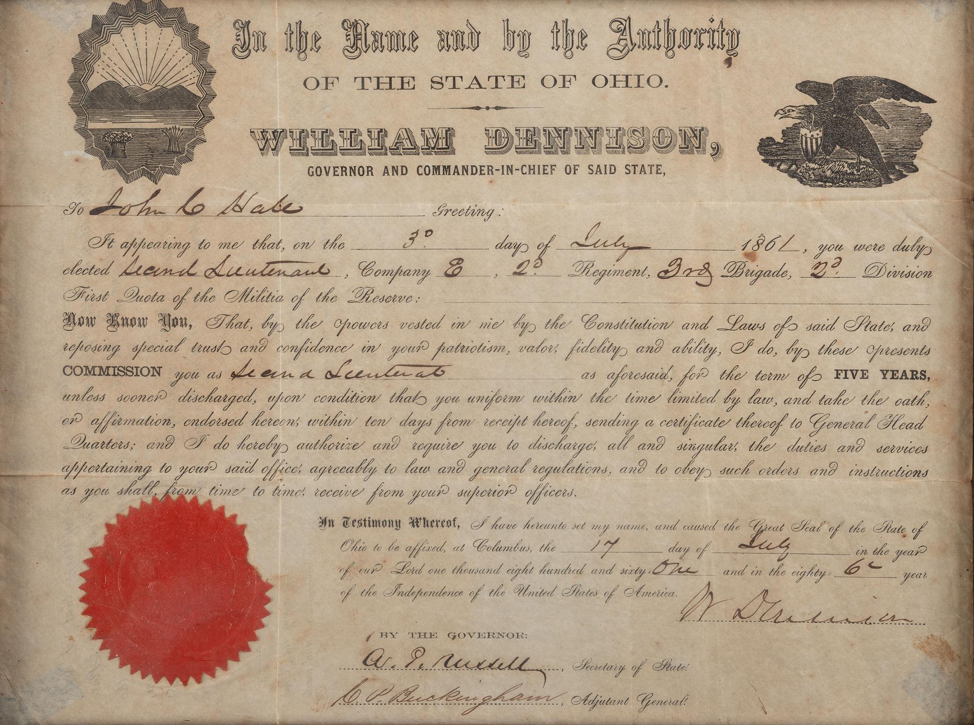 [CIVIL WAR]. Railroad pass for Benjamin Scott on his way to enlist with a "Col[ored] Reg[iment]. Columbus, OH, 10 August 1863. [ With :] DENNISON, William (1815-1882). Partly printed document signed ("W Dennison"), as Governor of Ohio. 1861.