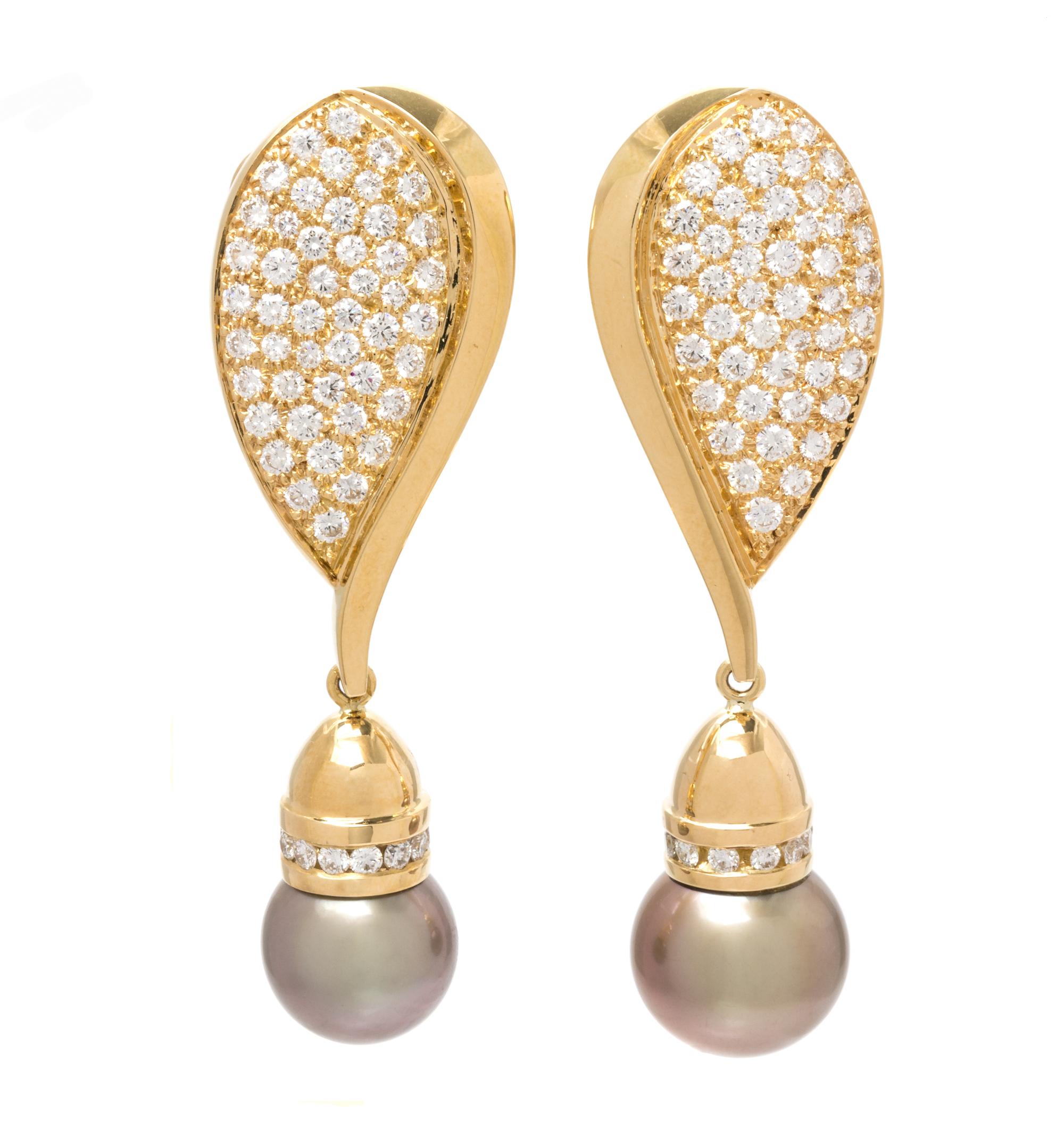 A Pair of 18 Karat Yellow Gold, Diamond, Cultured South Sea and Tahitian Pearl Interchangeable Earclips, Gauthier, 22.75 dwts.