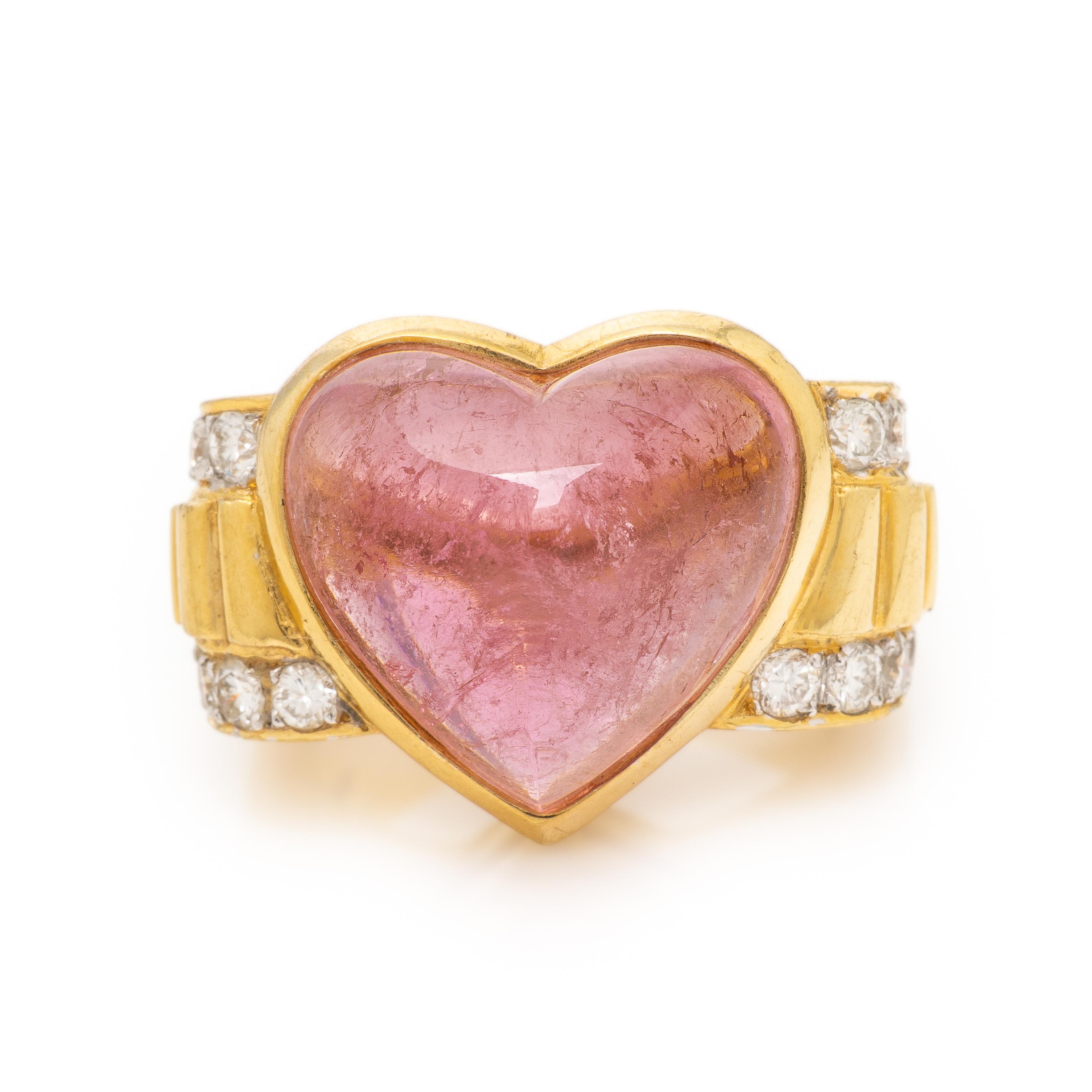 Pink Tourmaline, Diamond, and Yellow Gold Heart Ring