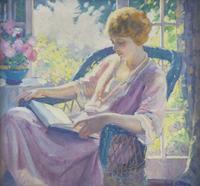 Seated Lady in Purple, Reading a Book