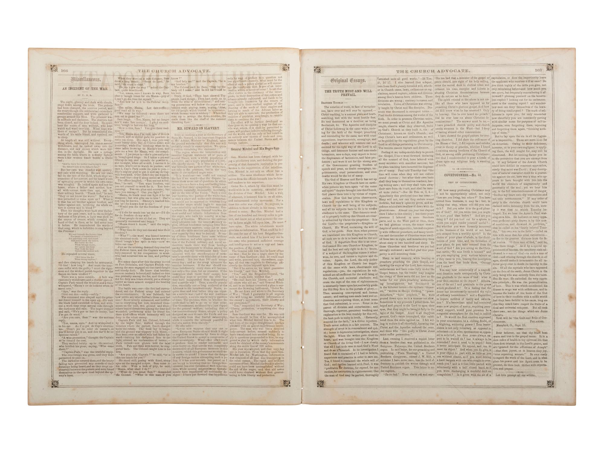 [AFRICAN AMERICANA - EMANCIPATION PROCLAMATION]. Church Advocate . Vol. XXVII, No. 21. Lancaster, PA: E.H. Thomas, J.S. Gable, and George Ross, 25 September 1862.