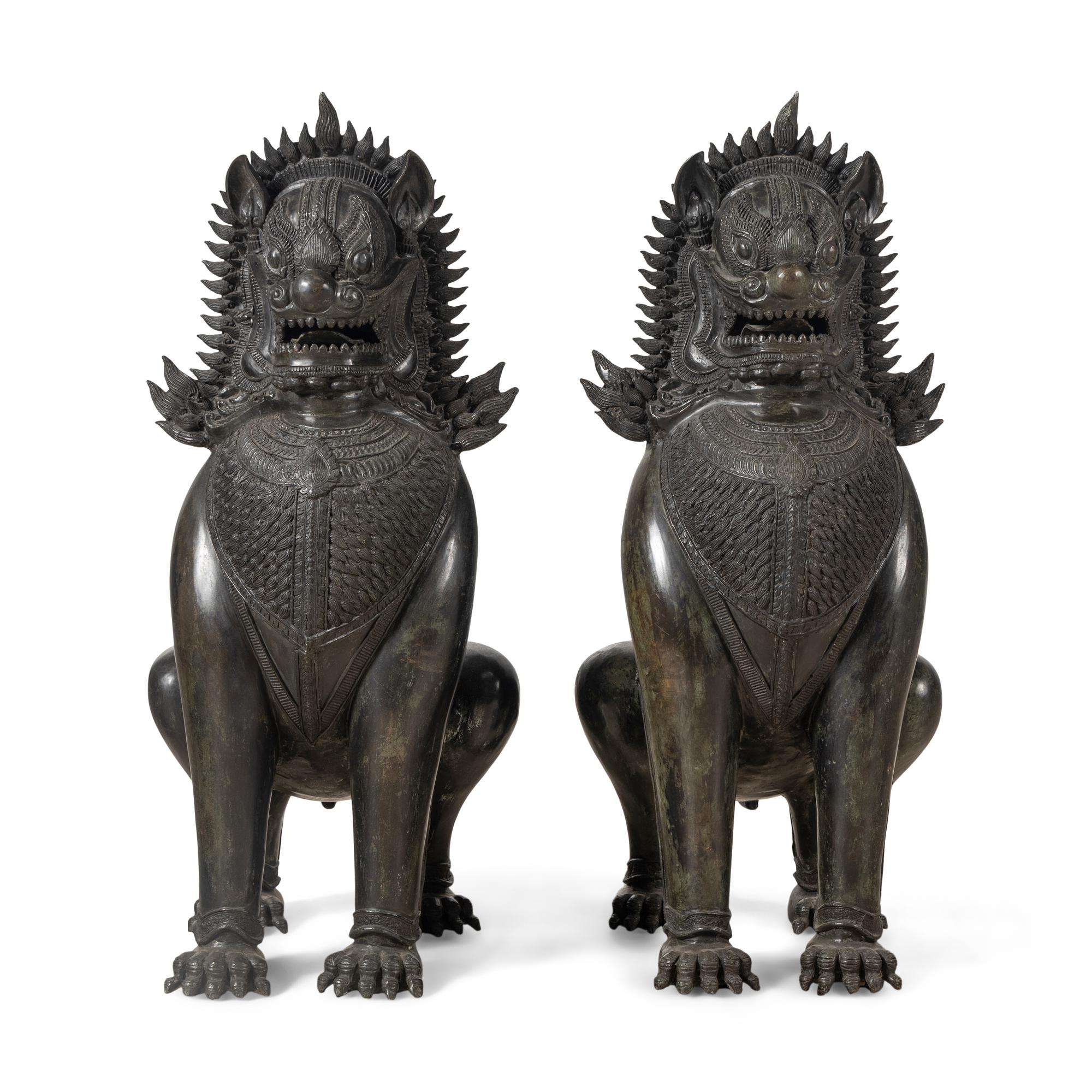 A Pair of Patinated Bronze Guardian Lions