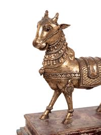 An Indian Brass Model of a Bull in a Walnut and Acrylic Vitrine