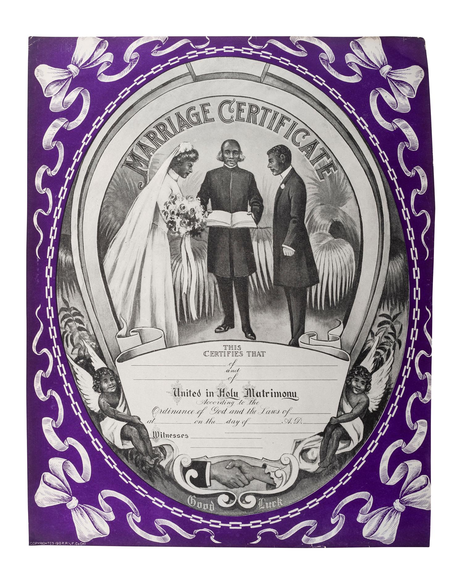 [CIVIL RIGHTS]. Marriage Certificate . Chicago: P.P. and F. Co., 1910.