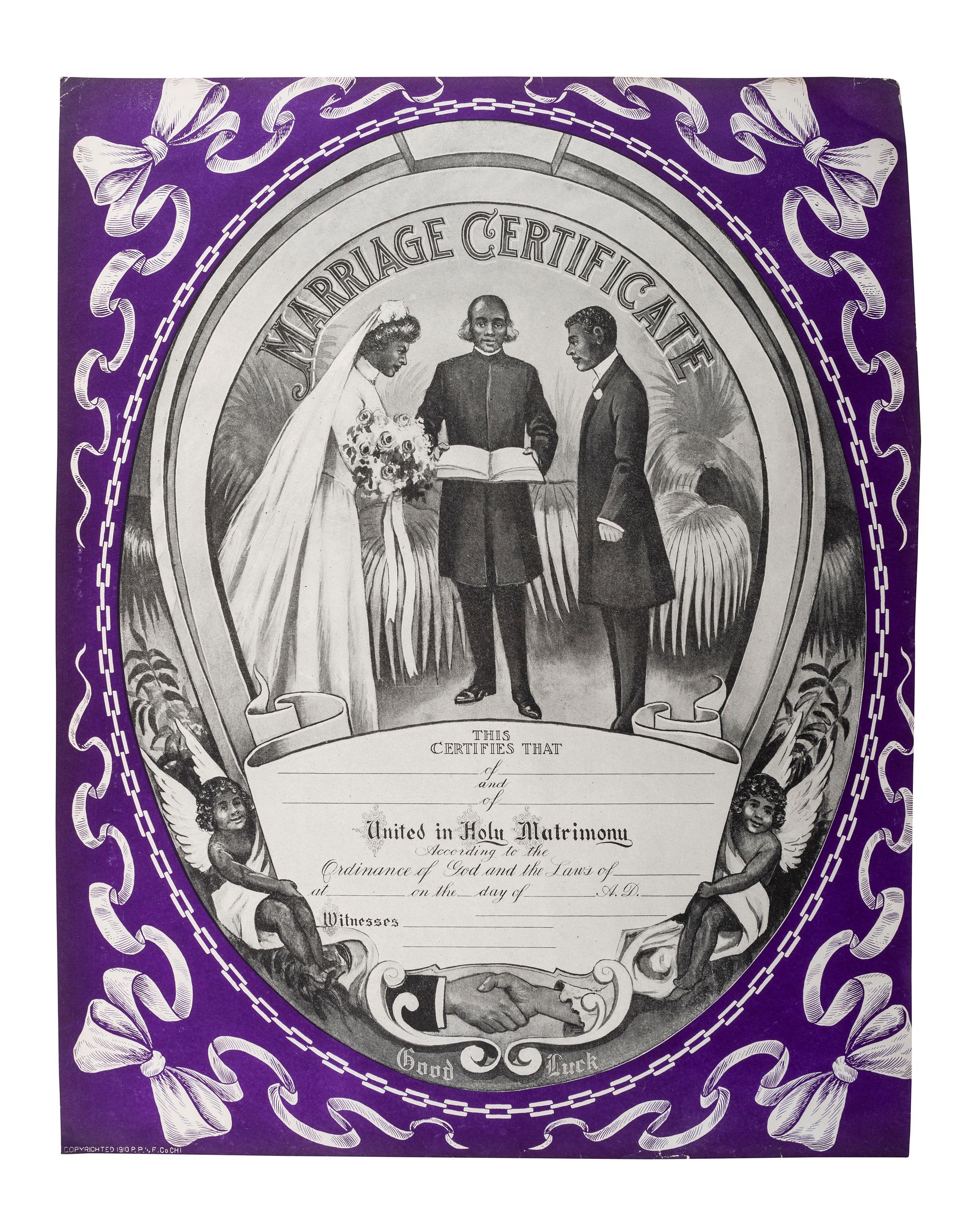[CIVIL RIGHTS]. Marriage Certificate . Chicago: P.P. and F. Co., 1910.
