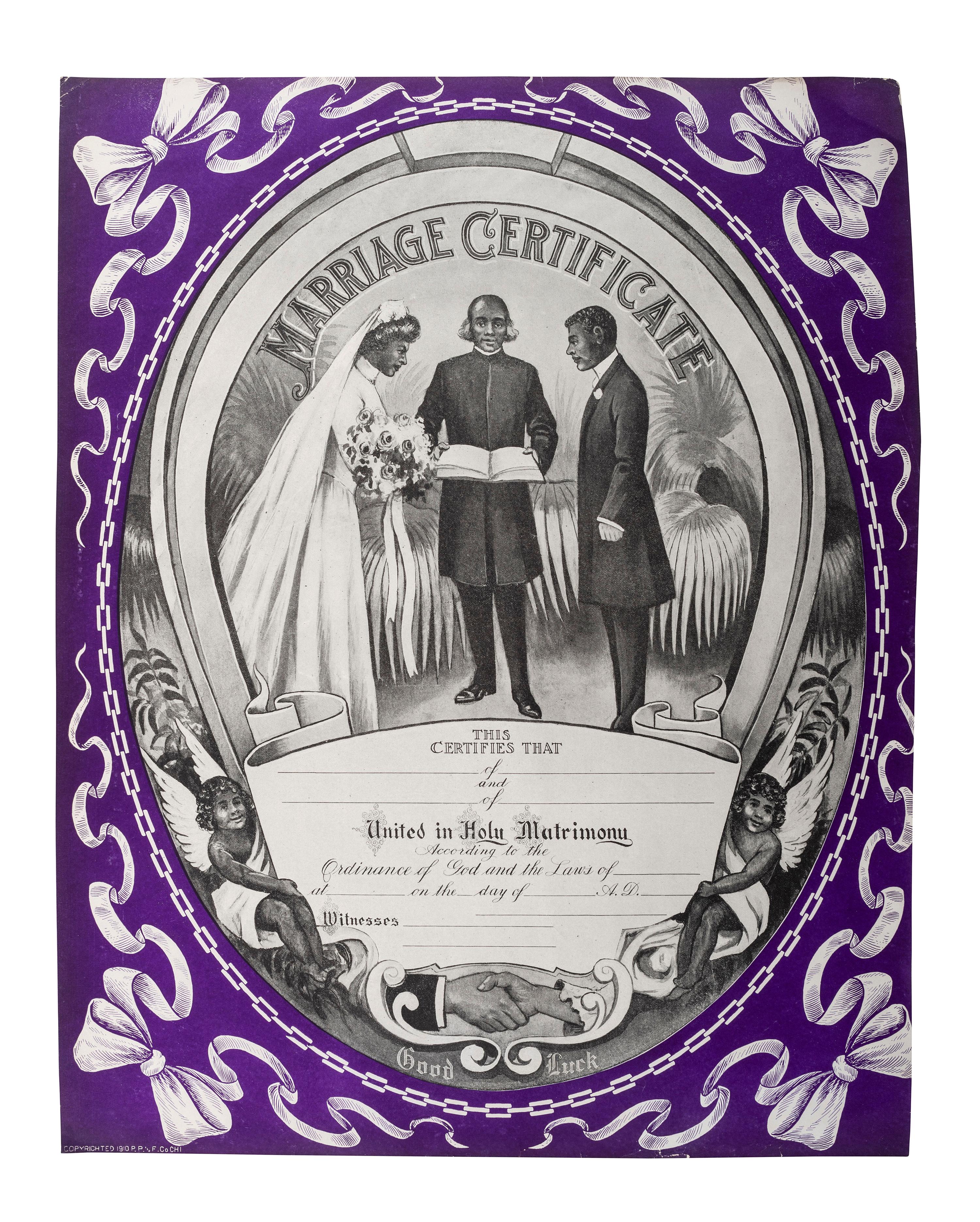 [CIVIL RIGHTS]. Marriage Certificate . Chicago: P.P. and F. Co., 1910.