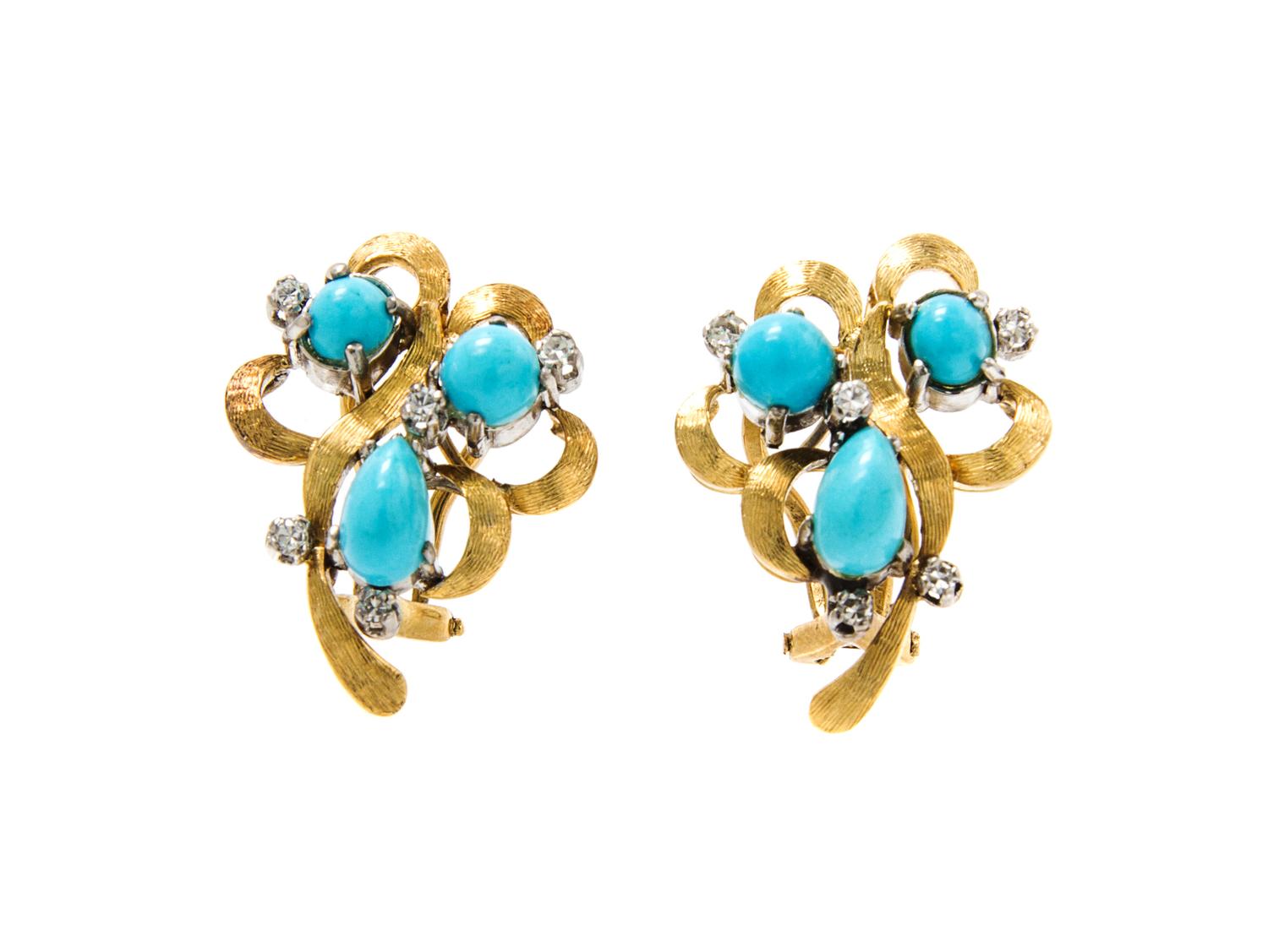 A Pair of Gold, Turquoise and Diamond Earclips, 5.70 dwts.