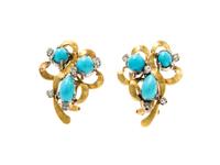 A Pair of Gold, Turquoise and Diamond Earclips, 5.70 dwts.