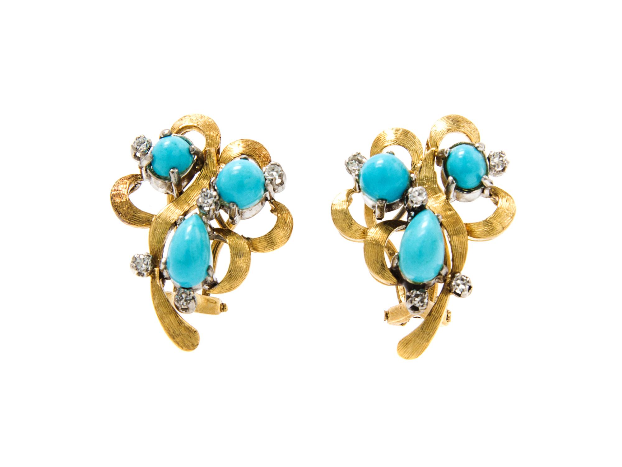A Pair of Gold, Turquoise and Diamond Earclips, 5.70 dwts.