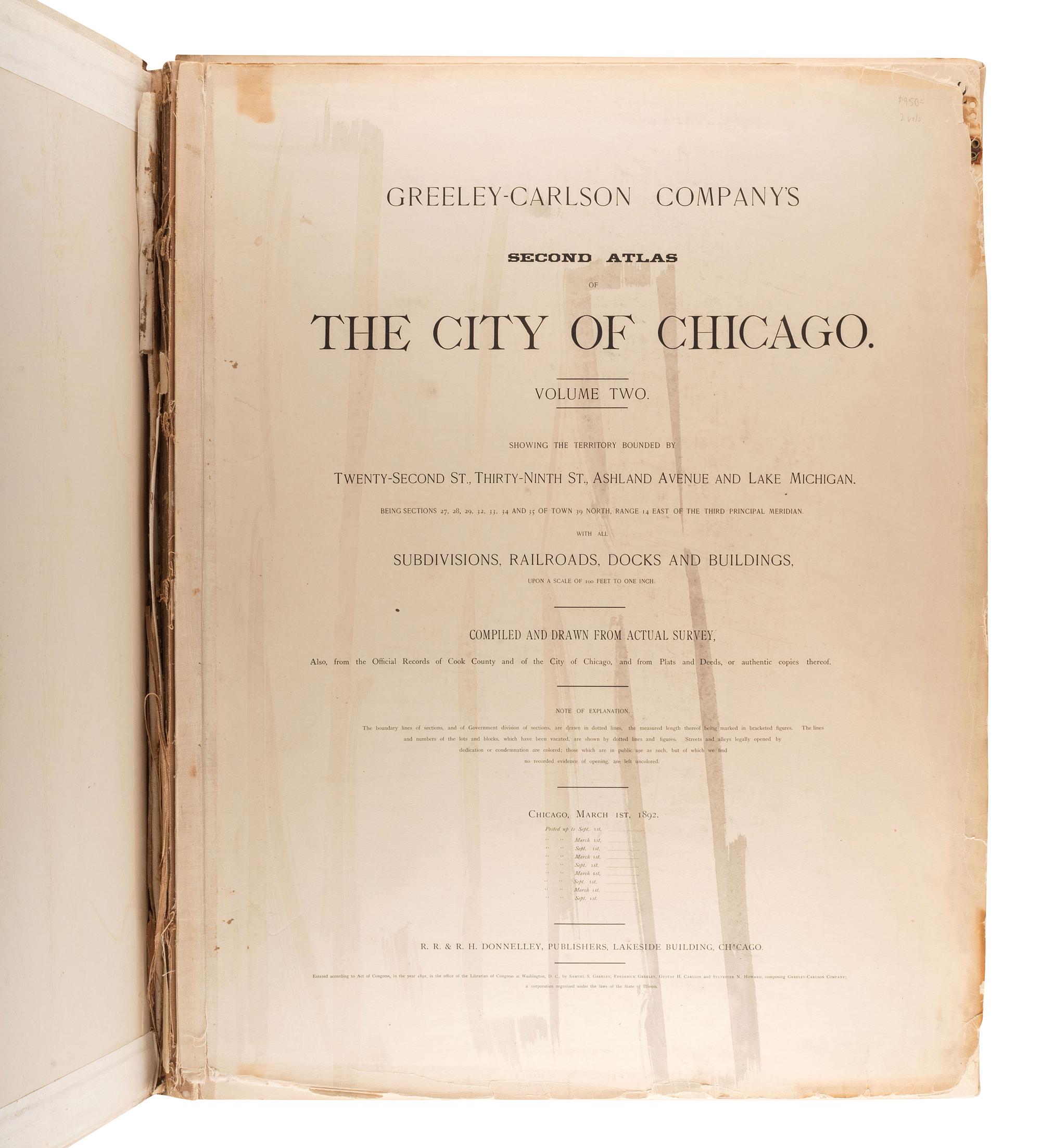 [CHICAGO]. Greeley-Carlson Company's Second Atlas of the City of Chicago. Chicago: R.R. & R.H. Donnelley, 1891-1892.