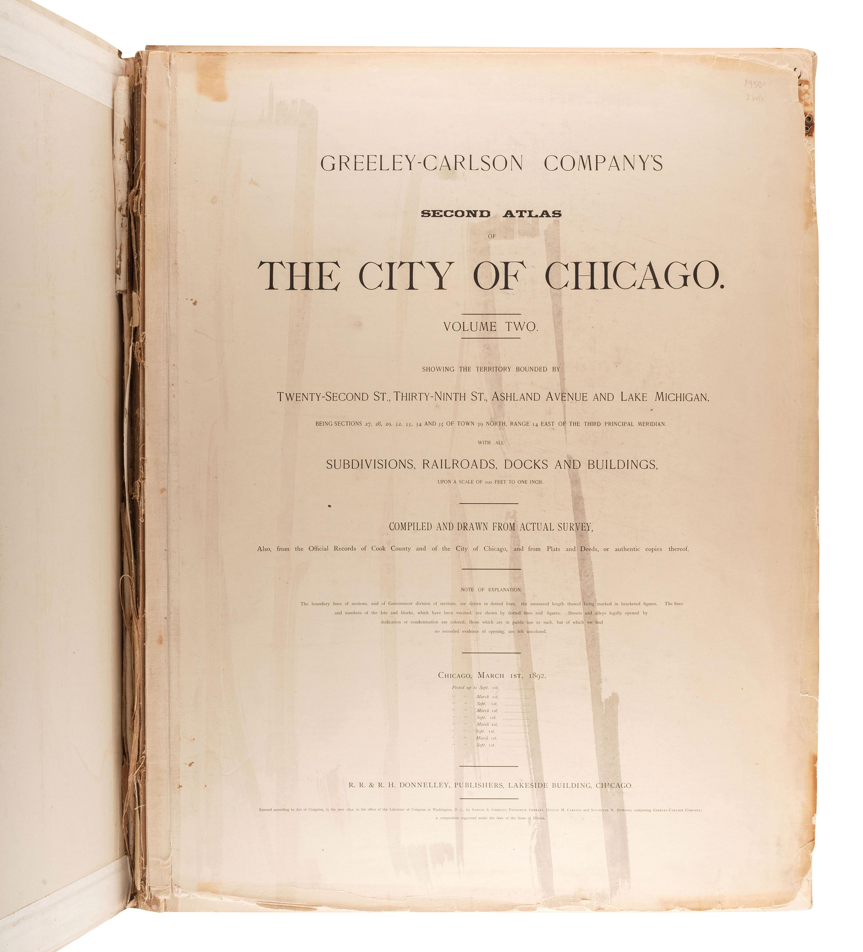 [CHICAGO]. Greeley-Carlson Company's Second Atlas of the City of Chicago. Chicago: R.R. & R.H. Donnelley, 1891-1892.