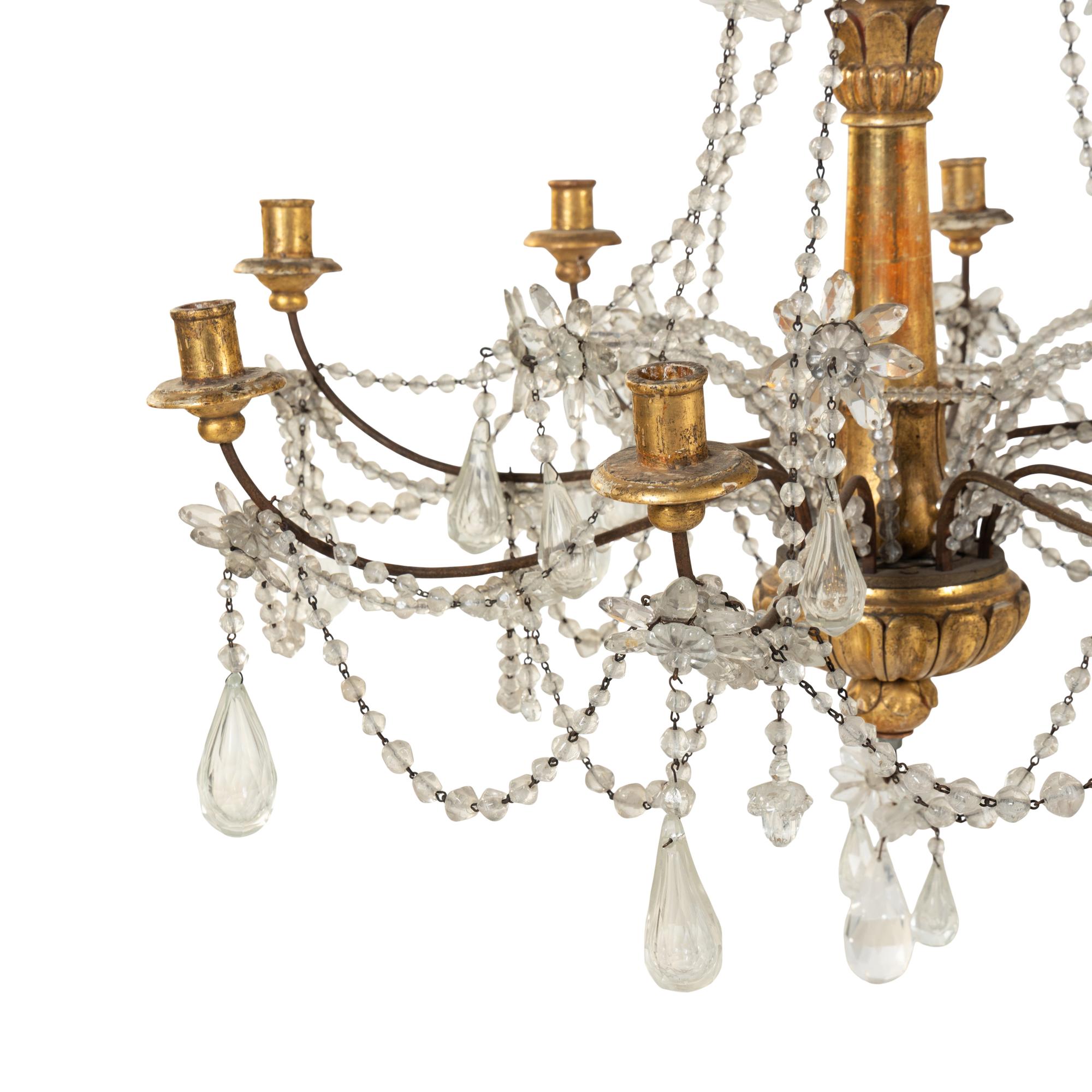 A Pair of Italian Giltwood and Cut-Glass Six-Light Chandeliers