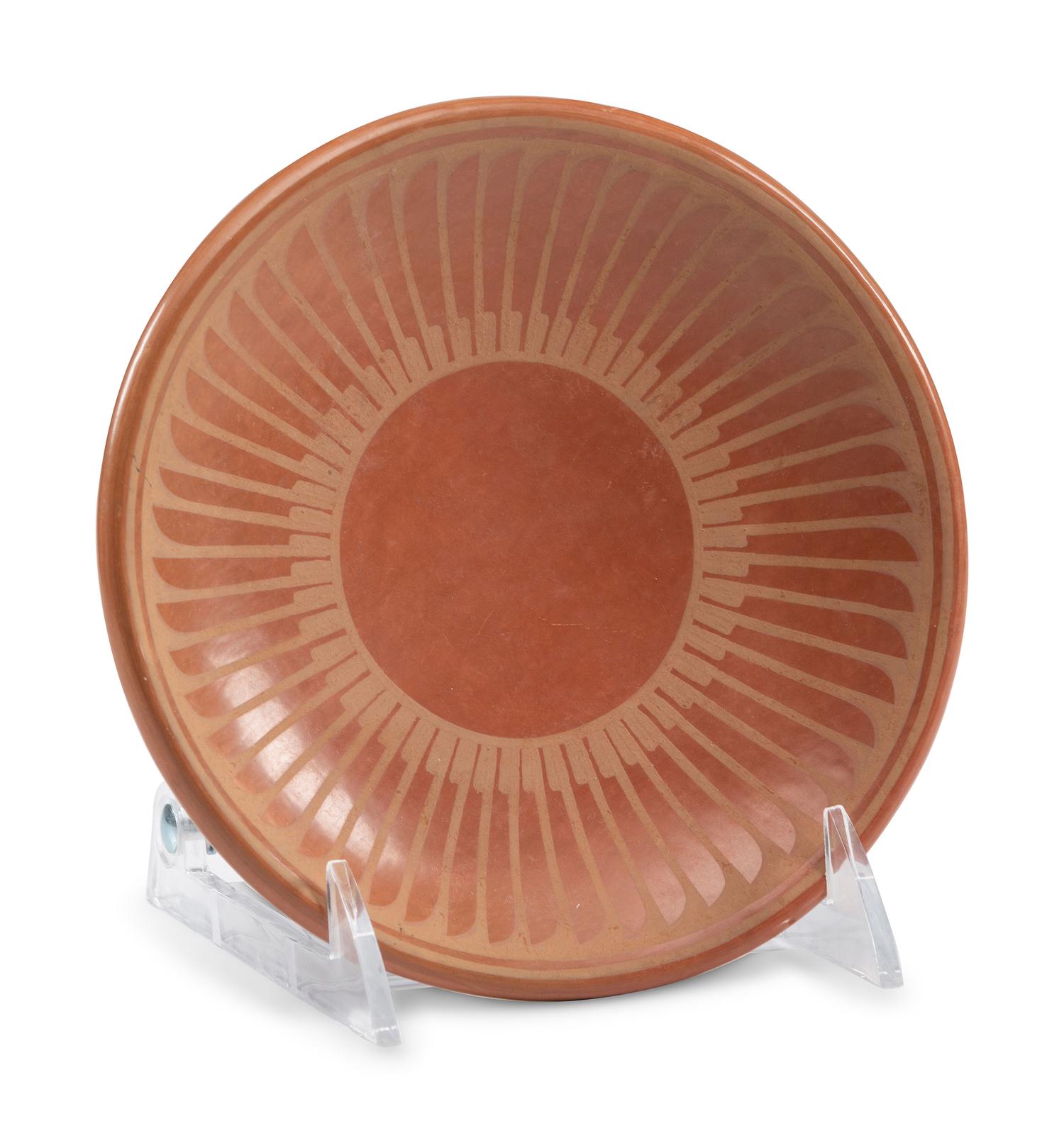 Redware Pottery Plate, with Repeating Feathers