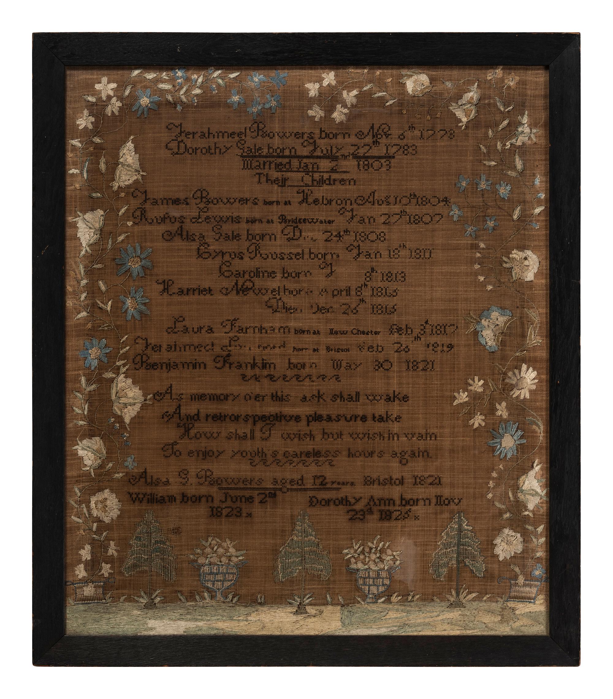 A Needlework Embroidered Family Record, Wrought by Alsa Gale Bowers