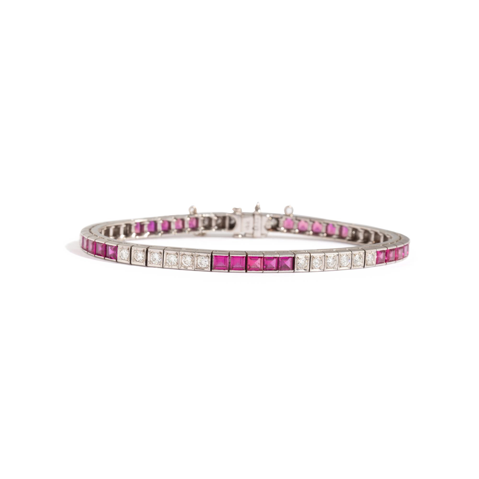 WHITE GOLD, SYNTHETIC RUBY, AND DIAMOND LINE BRACELET