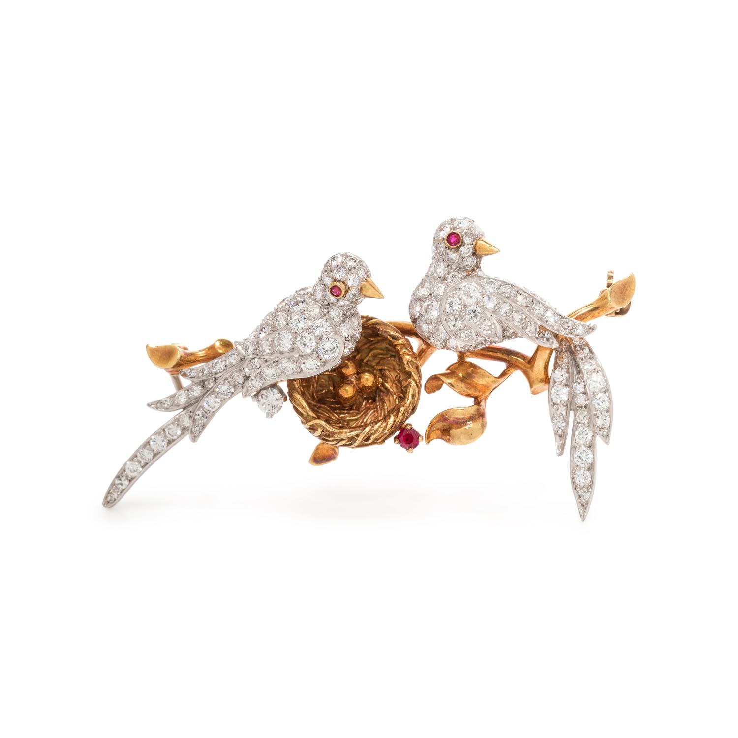 VAN CLEEF & ARPELS, DIAMOND AND RUBY 'LOVE BIRDS' BROOCH