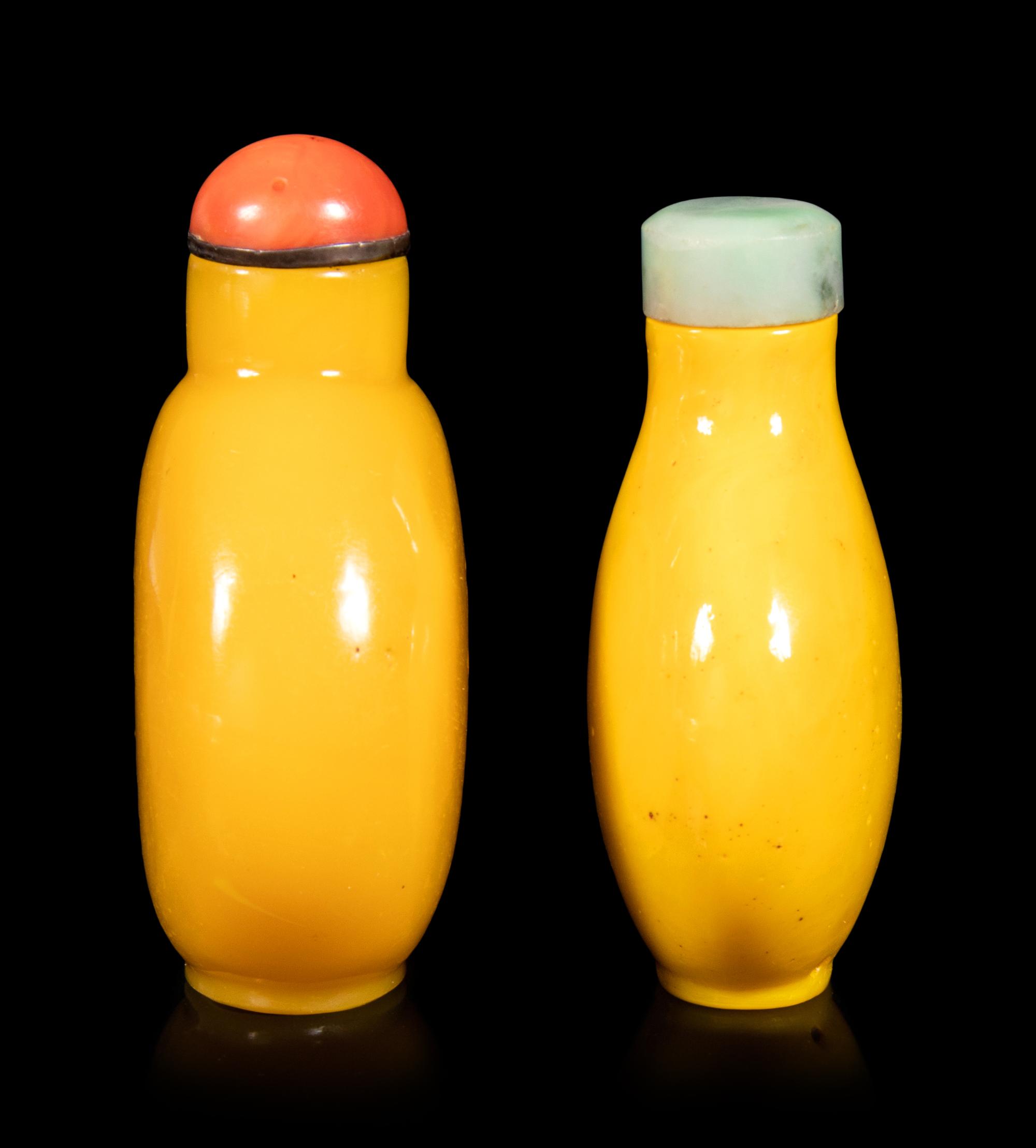 Two Chinese Oqaque Yellow Glass Snuff Bottles