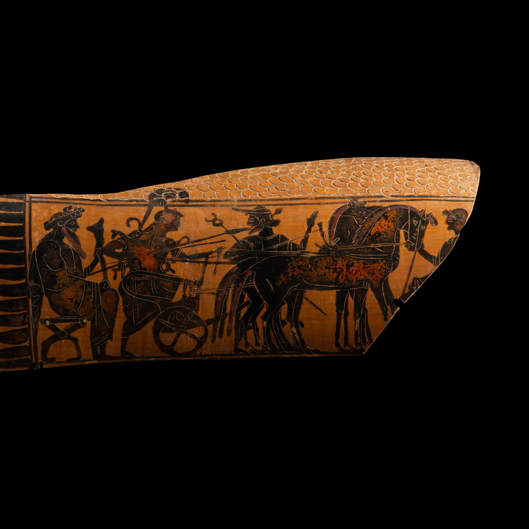 An Attic Black-Figured Epinetron Fragment with Dionysus, Athena, and Hermes