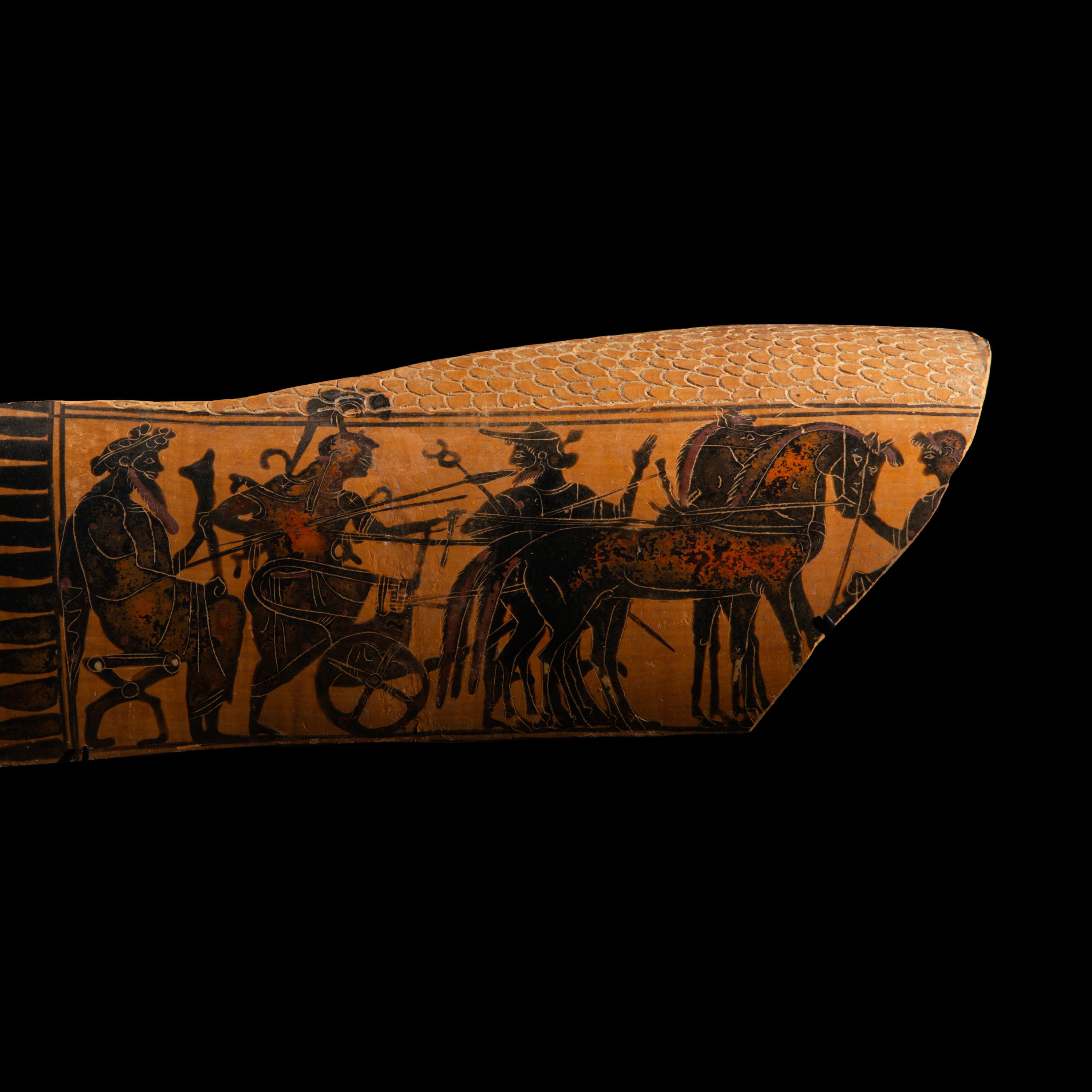 An Attic Black-Figured Epinetron Fragment with Dionysus, Athena, and Hermes