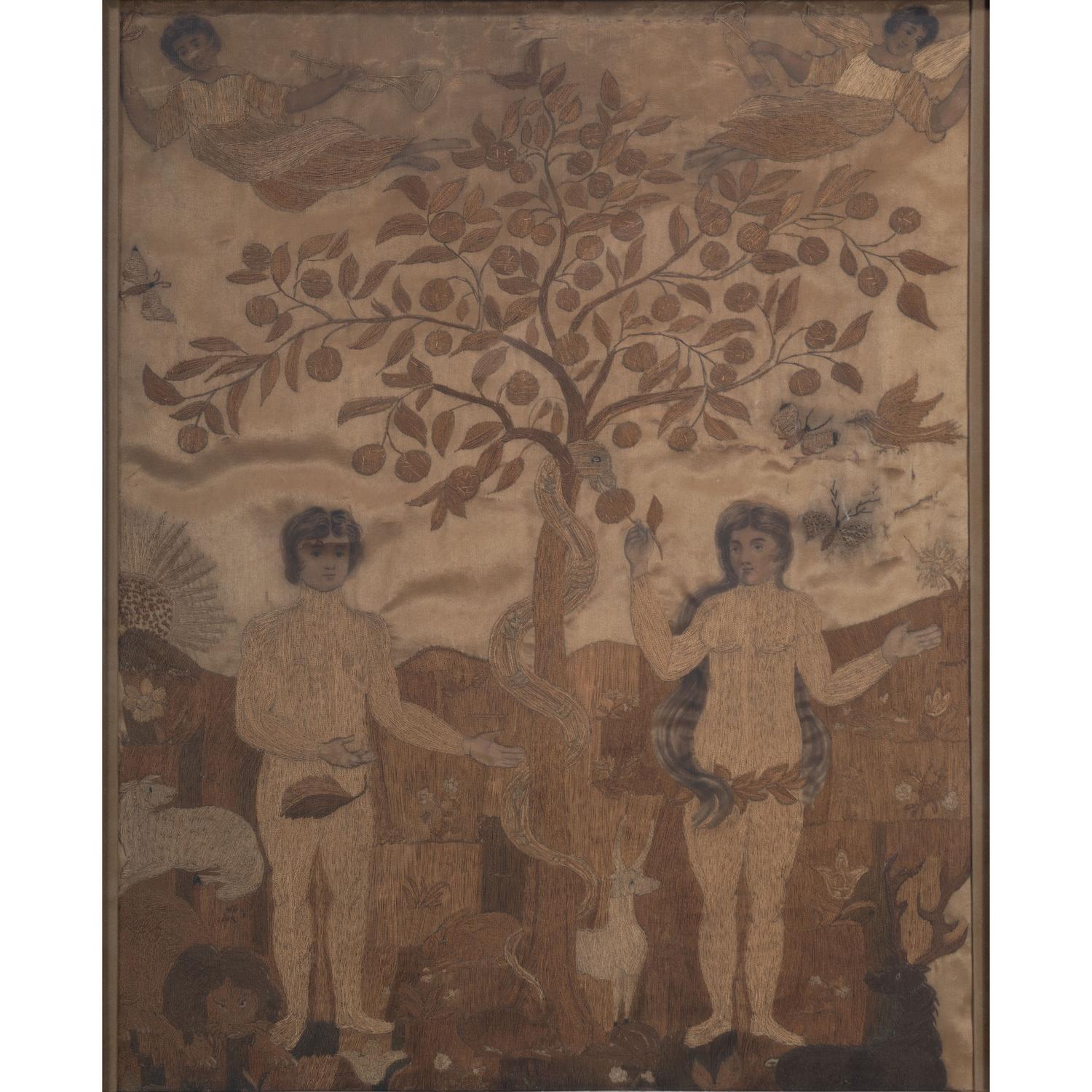 A Goldwork Embroidered Picture of Adam and Eve in the Garden of Eden