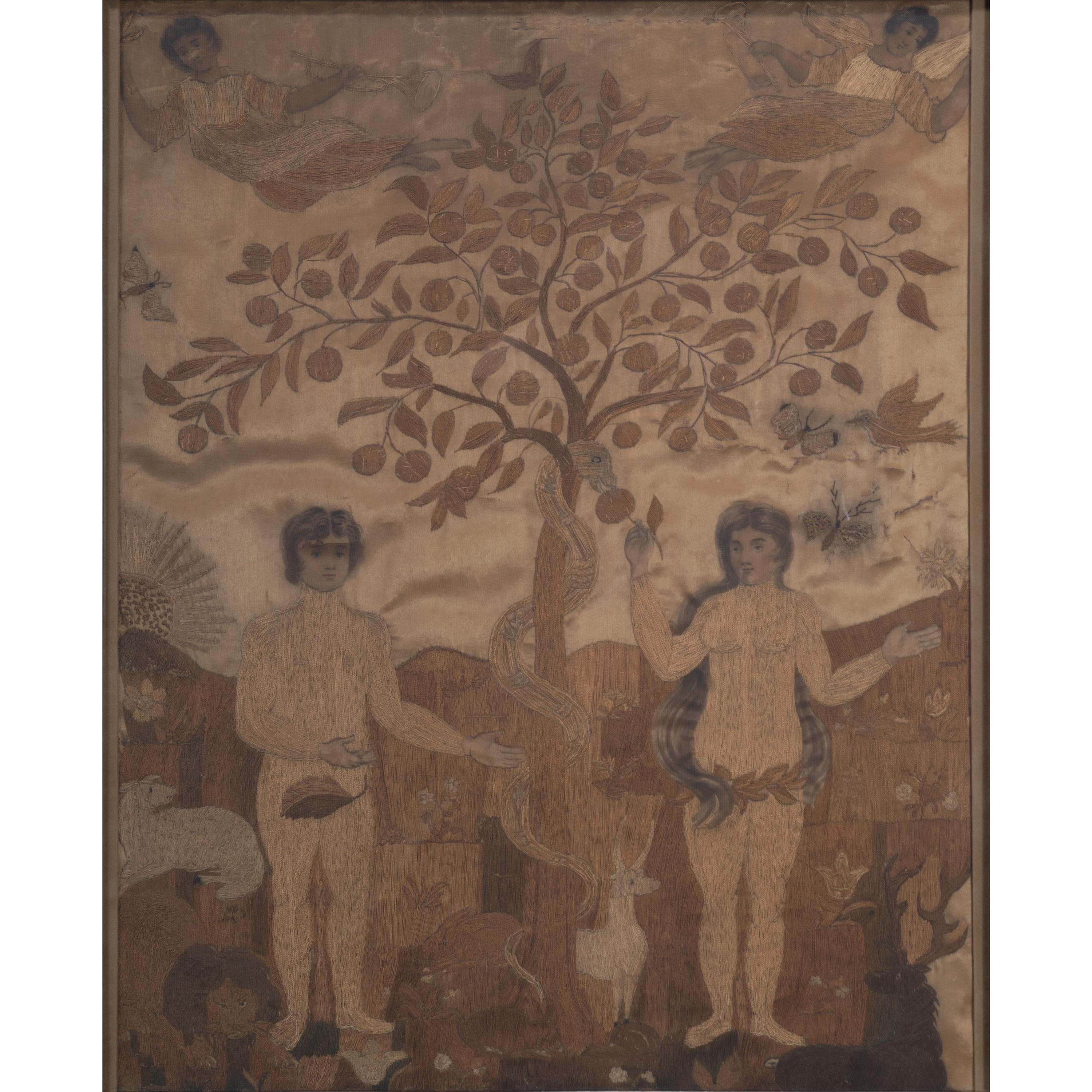 A Goldwork Embroidered Picture of Adam and Eve in the Garden of Eden