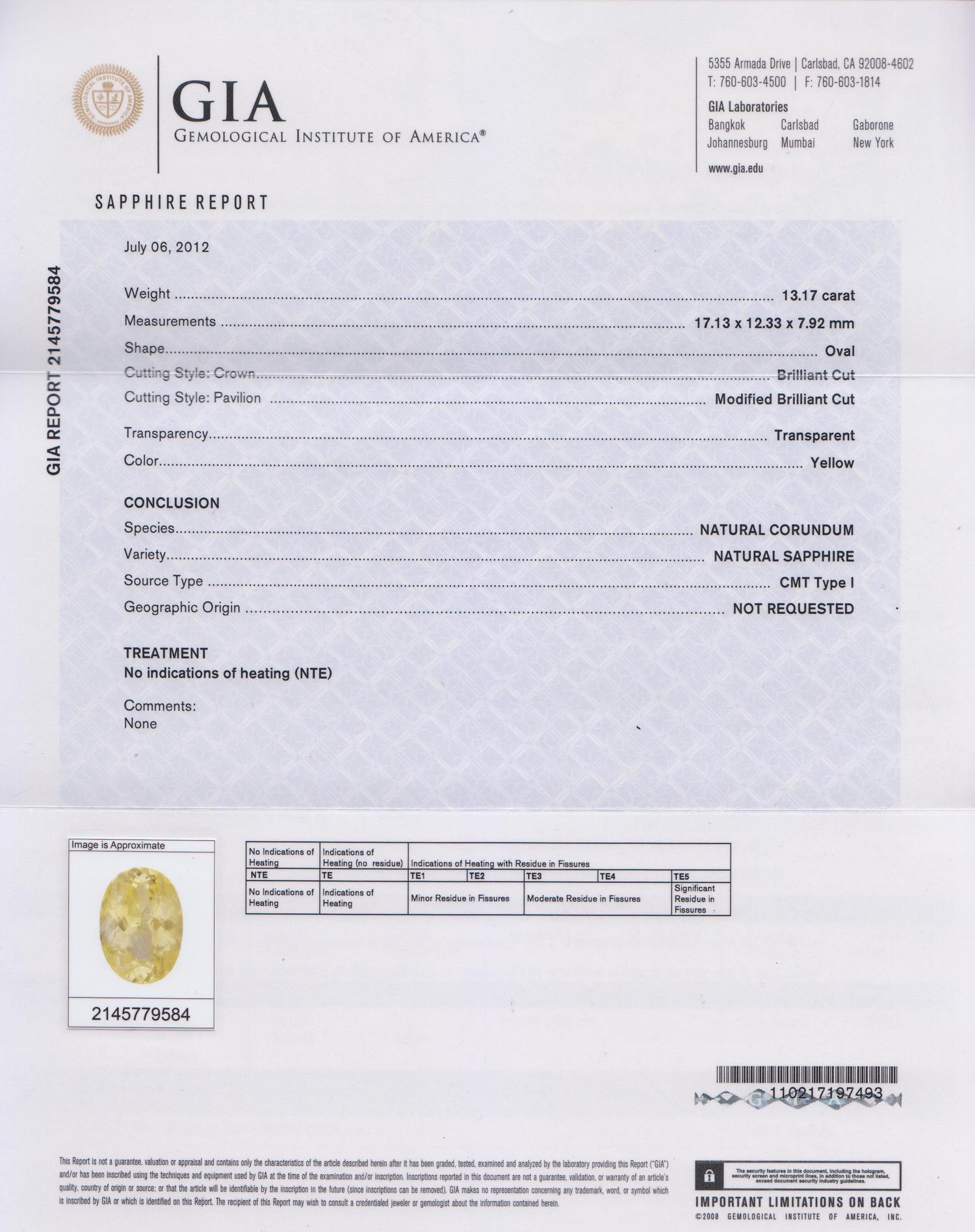 13.17 CARAT OVAL BRILLIANT CUT YELLOW SAPPHIRE