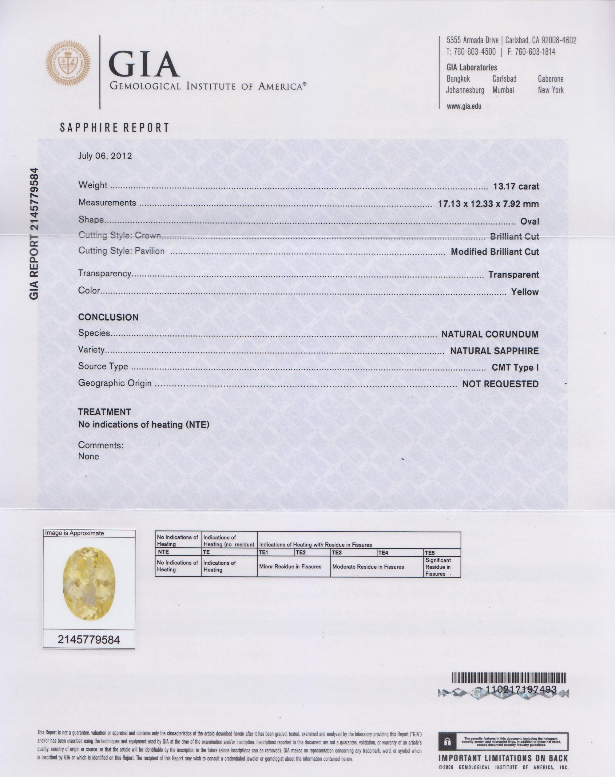 13.17 CARAT OVAL BRILLIANT CUT YELLOW SAPPHIRE