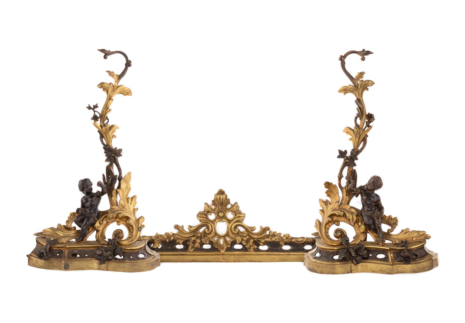 Three Rococo Style Gilt and Patinated Bronze Fireplace Articles