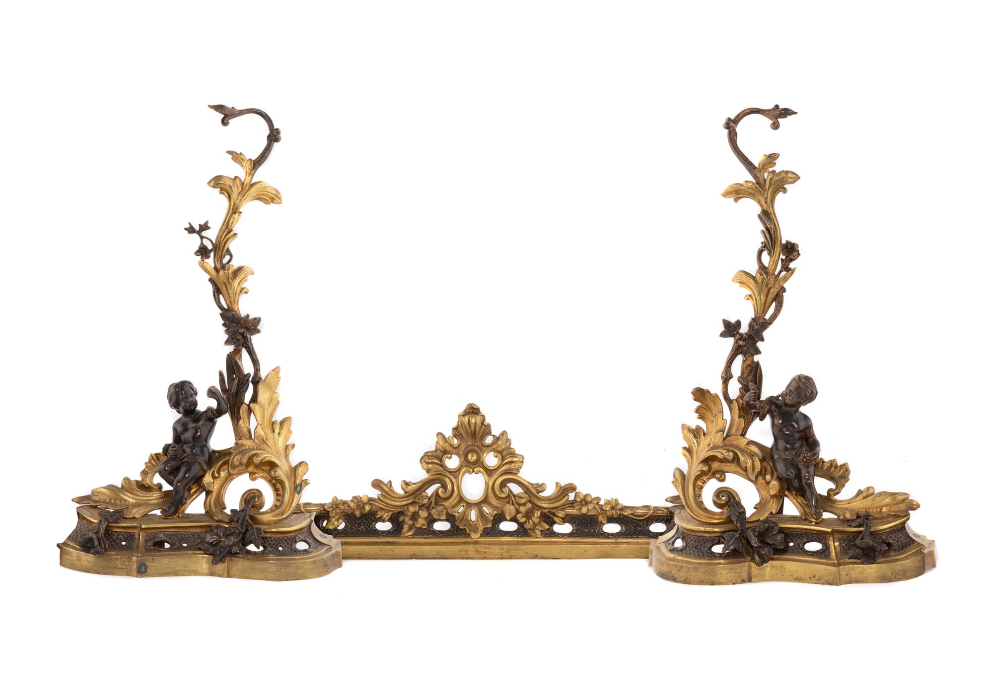Three Rococo Style Gilt and Patinated Bronze Fireplace Articles