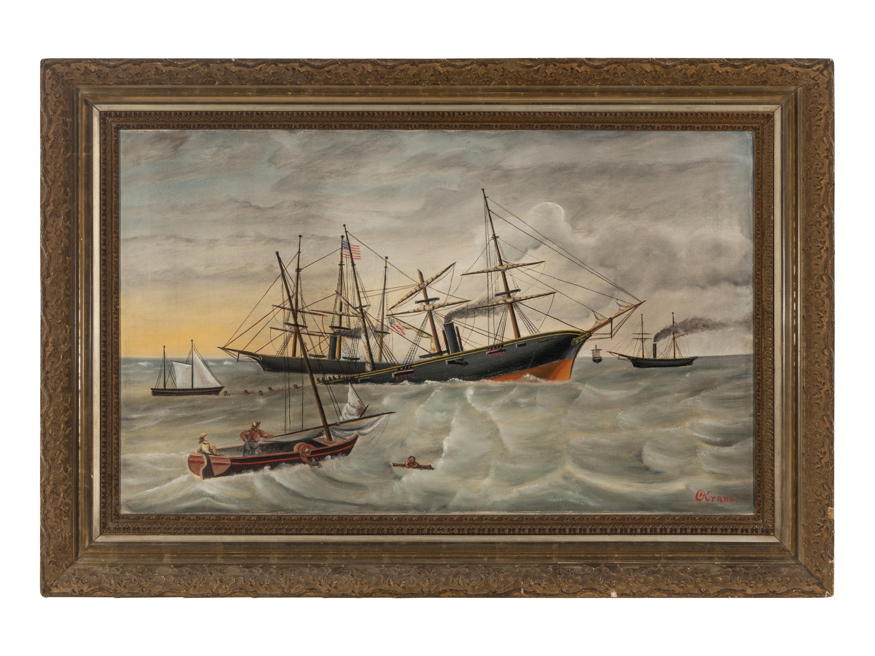 Olaf Krans (Swedish-American, 1838-1916), The Battle Between the USS Kearsage and CSS Alabama off the Coast of Cherbourg, France, June 19, 1864