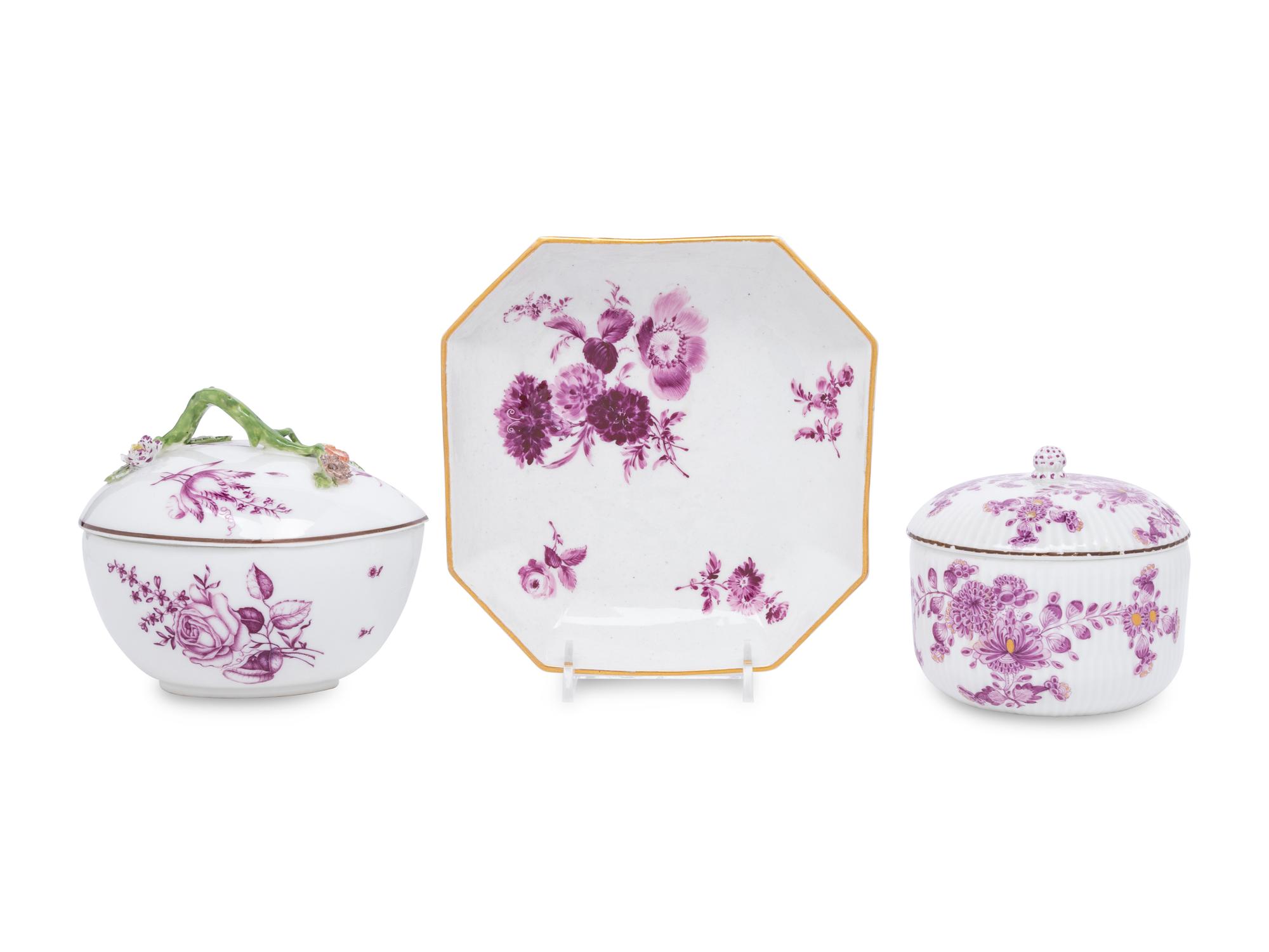 Three German Porcelain Articles with Puce Decoration