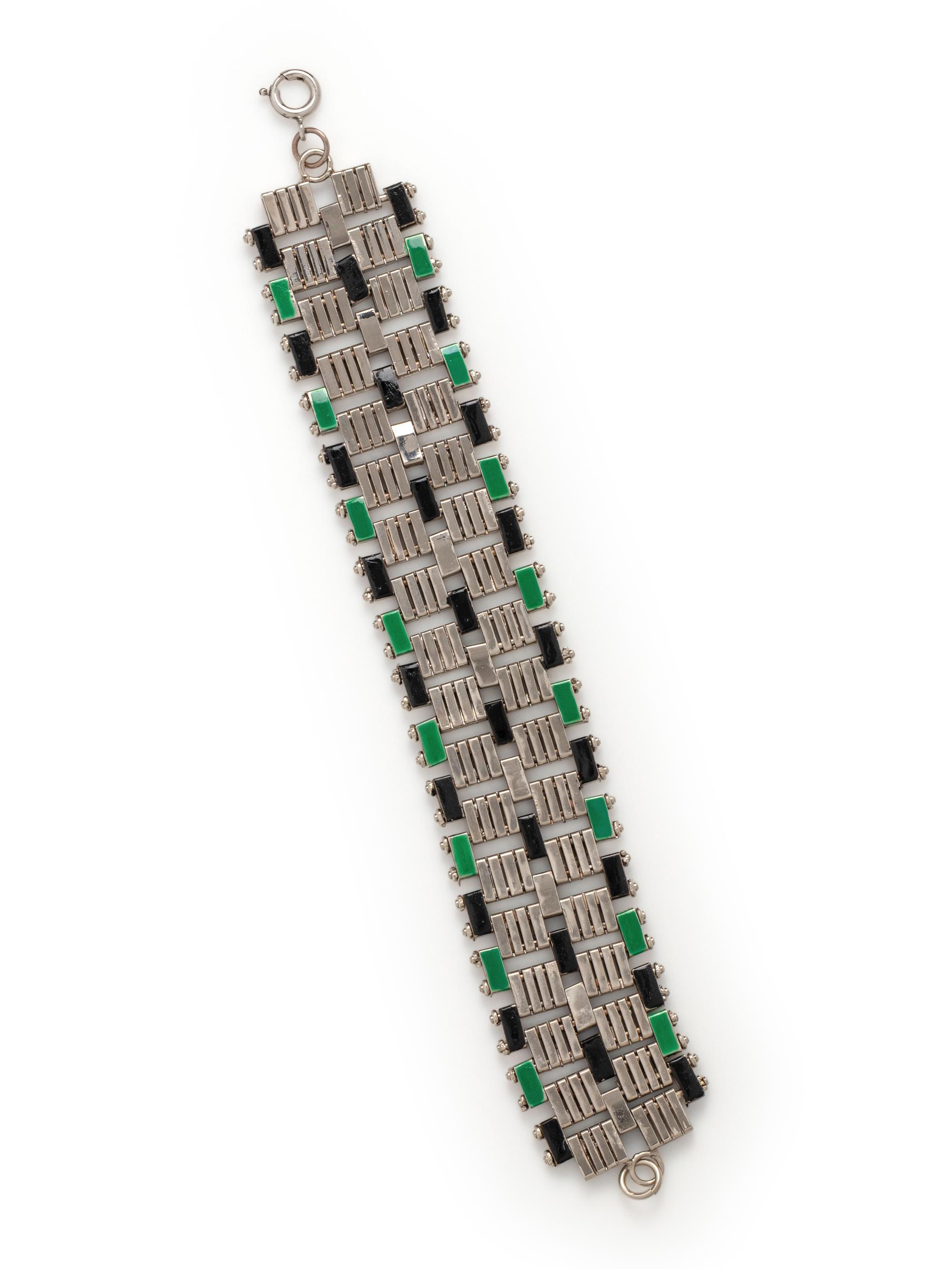 ART DECO, CHROME-PLATED BRASS AND ENAMEL BRACELET