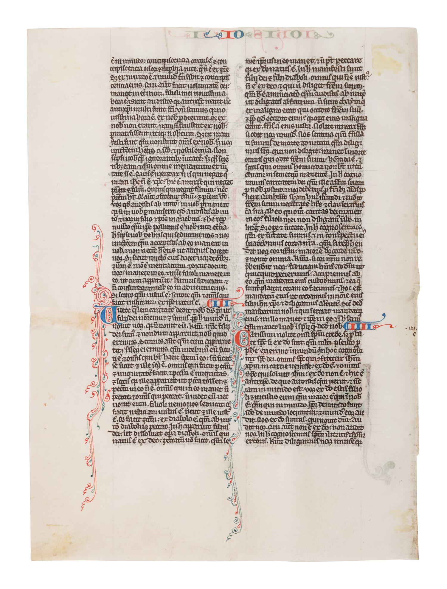 VIE DE SAINT DENIS ATELIER (active Paris, c. 1240-1270) A leaf from a Bible, with a historiated initial ‘Q’ of St. John writing, in Latin, illuminated manuscript on parchment [France, c. 1250-1270]