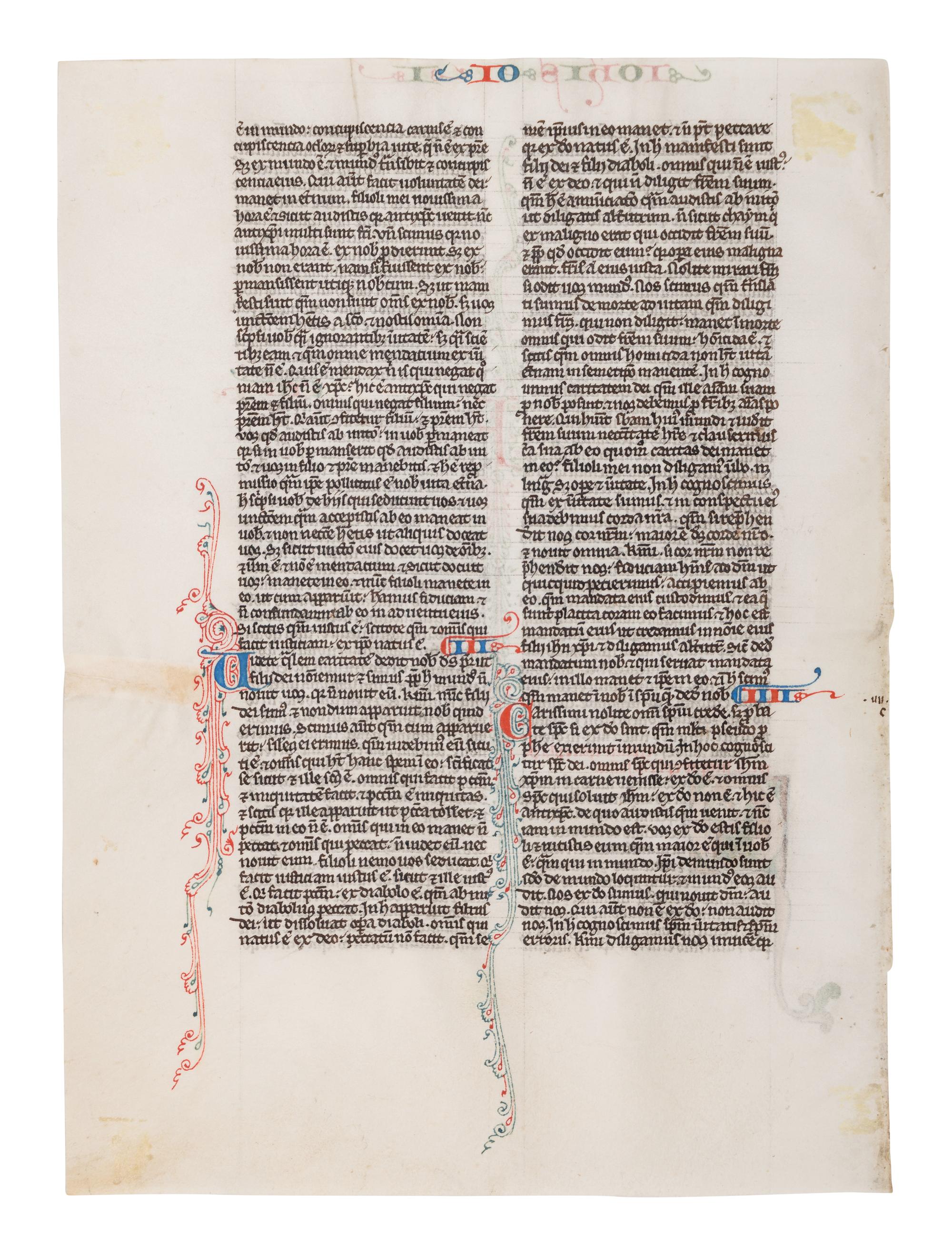 VIE DE SAINT DENIS ATELIER (active Paris, c. 1240-1270) A leaf from a Bible, with a historiated initial ‘Q’ of St. John writing, in Latin, illuminated manuscript on parchment [France, c. 1250-1270]