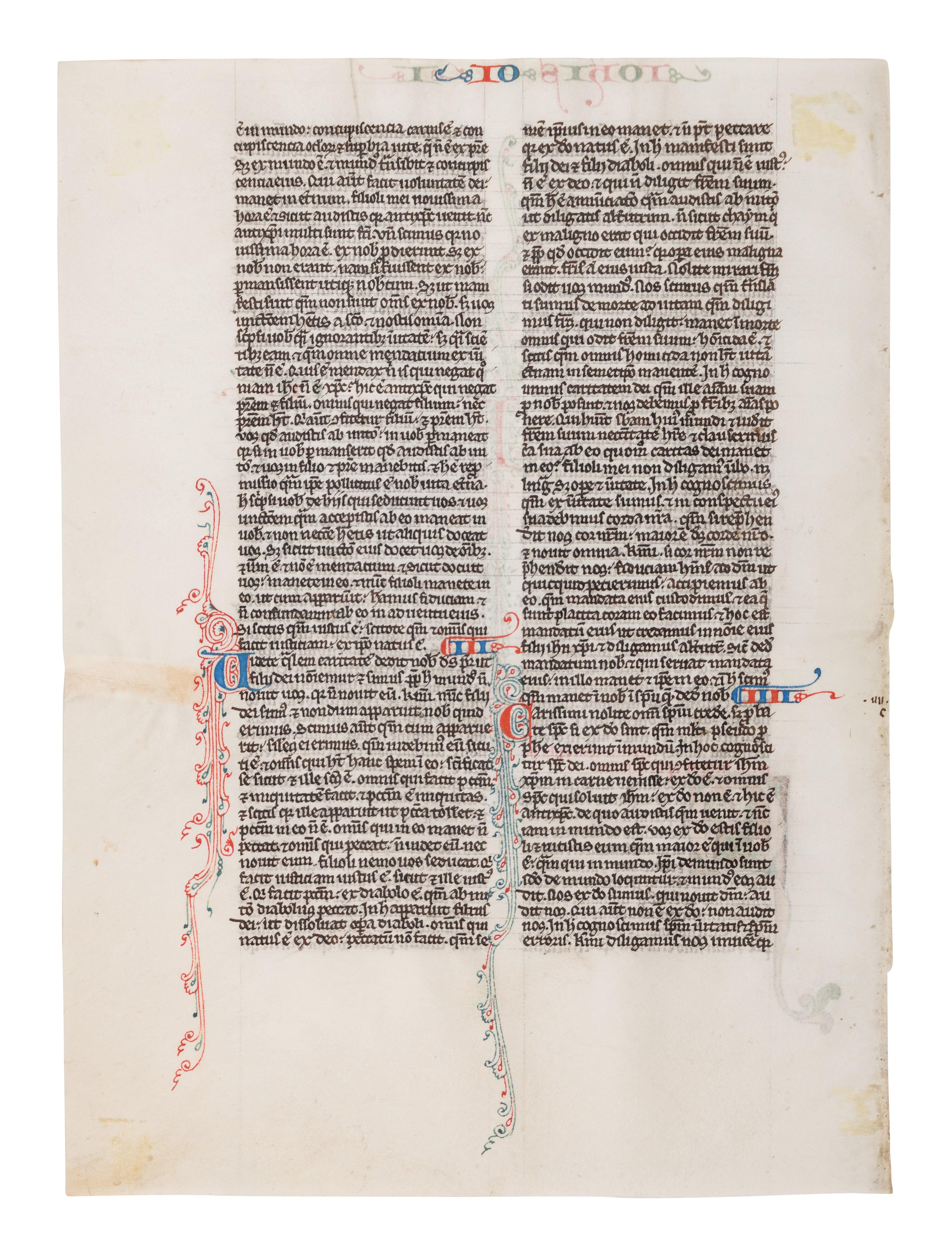 VIE DE SAINT DENIS ATELIER (active Paris, c. 1240-1270) A leaf from a Bible, with a historiated initial ‘Q’ of St. John writing, in Latin, illuminated manuscript on parchment [France, c. 1250-1270]
