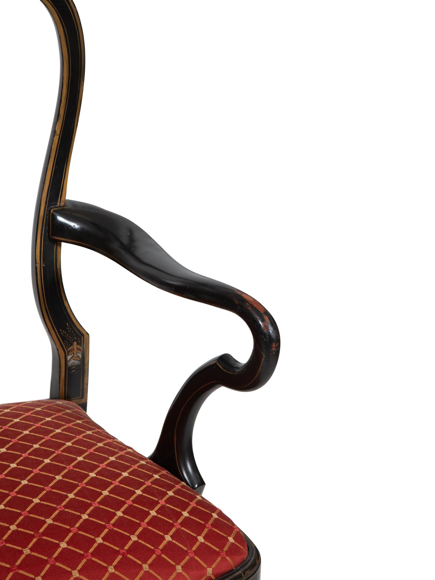A Set of Eight George II Style Black and Gilt Japanned Dining Chairs