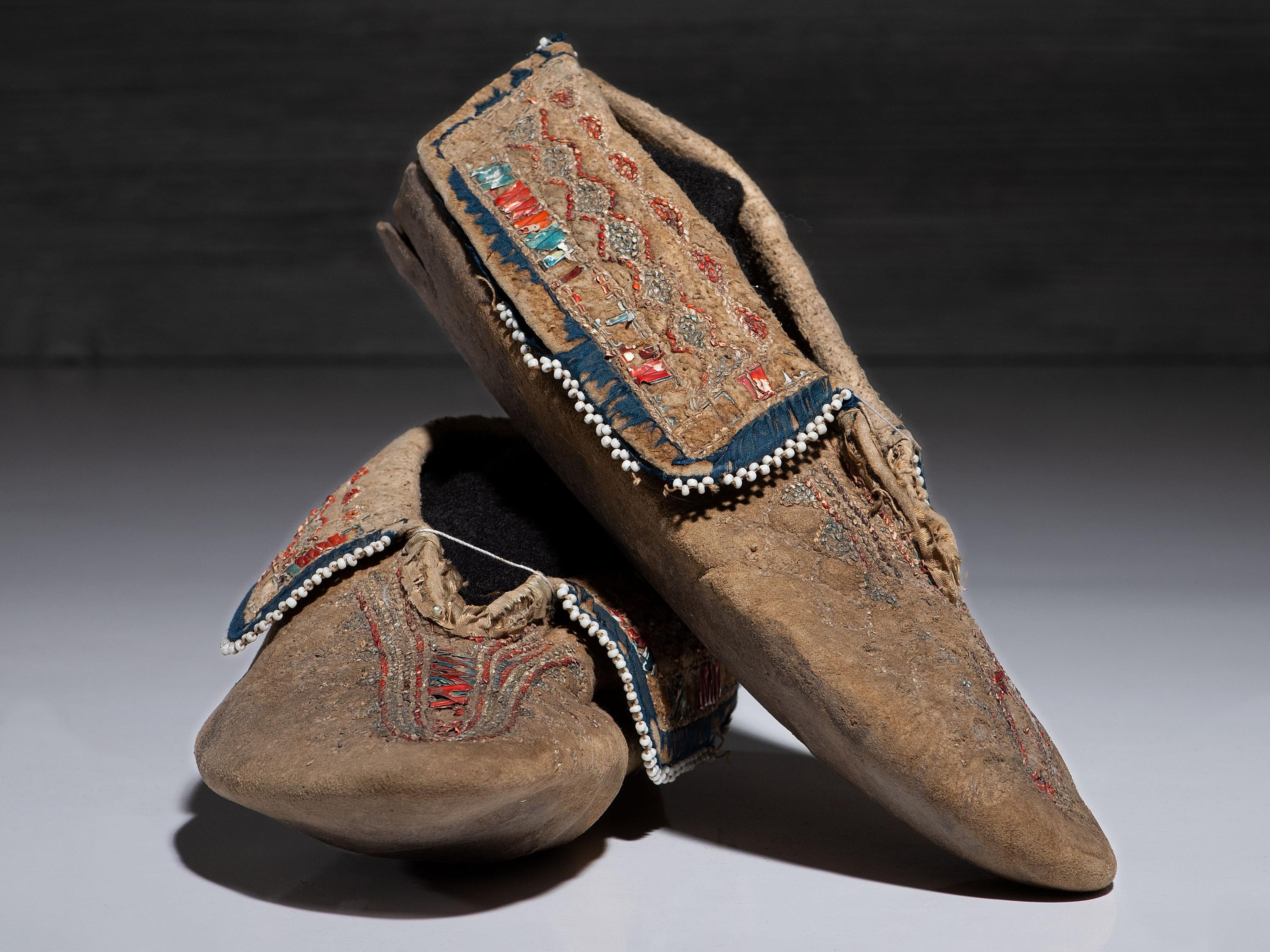 Seneca Quilled and Beaded Hide Moccasins