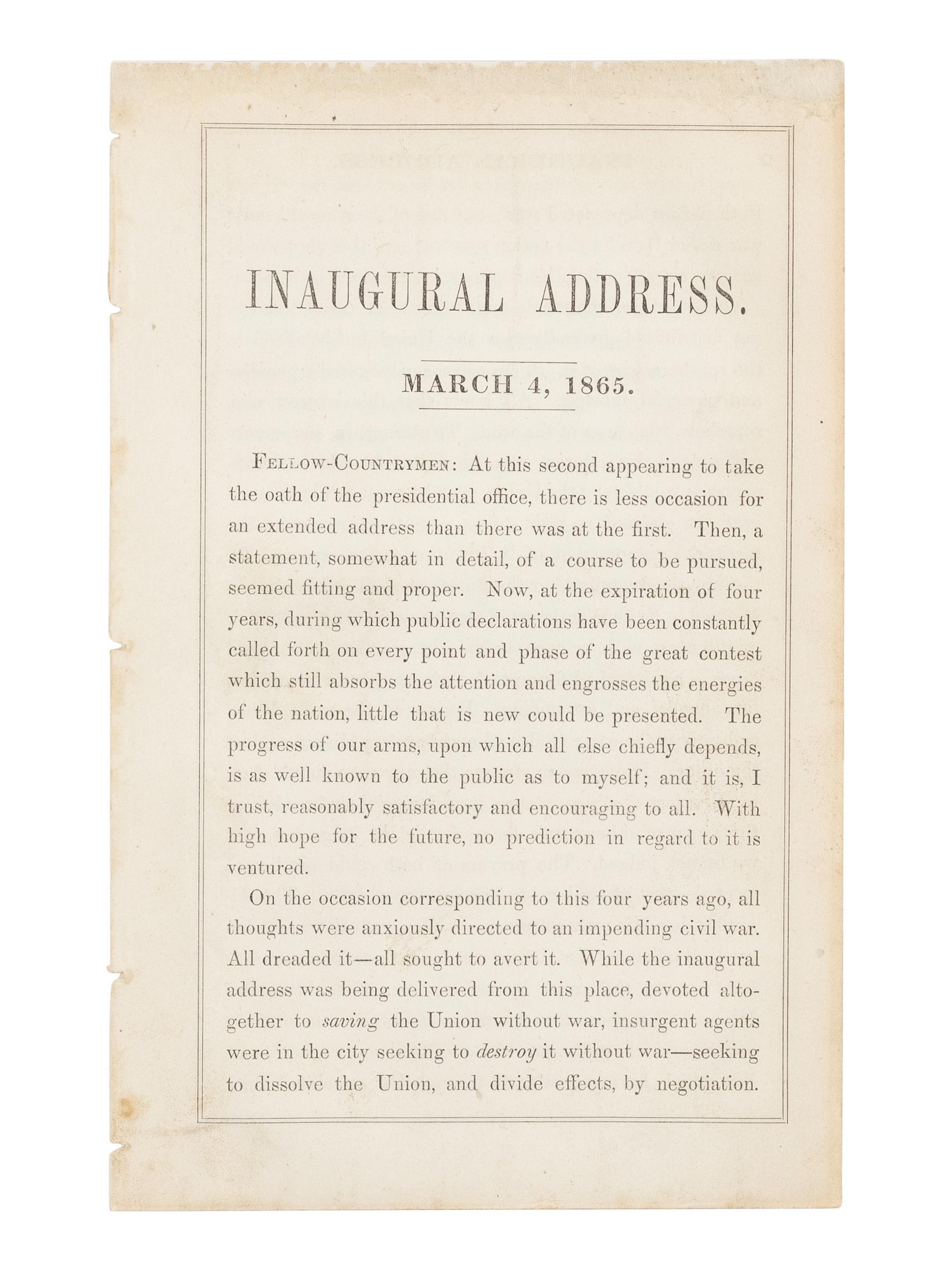 LINCOLN, Abraham (1809-1865). Inaugural Address. March 4, 1865 . [Washington, D.C., 1865].
