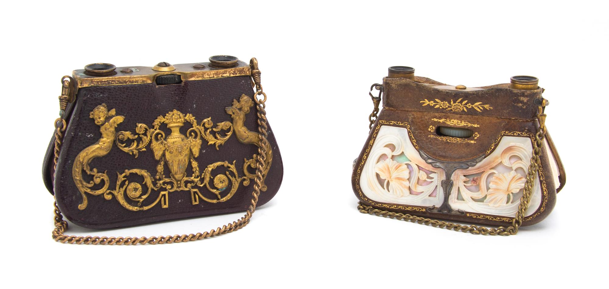 Two Pairs of French Opera Glasses, Width of wider 4 5/8 inches.